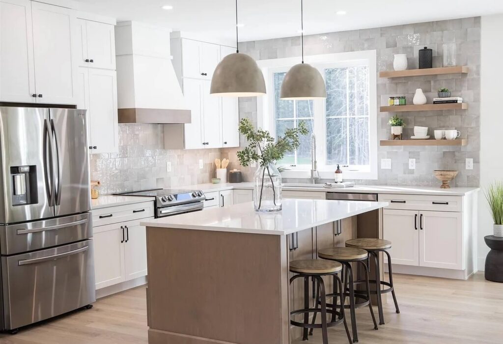 a modern kitchen with brown cabinets