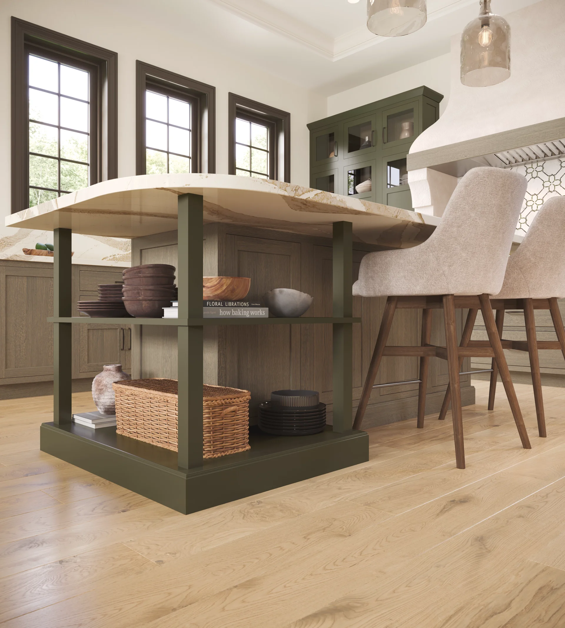 Gillet kitchen — island seating with textured cabinet doors and marble countertops