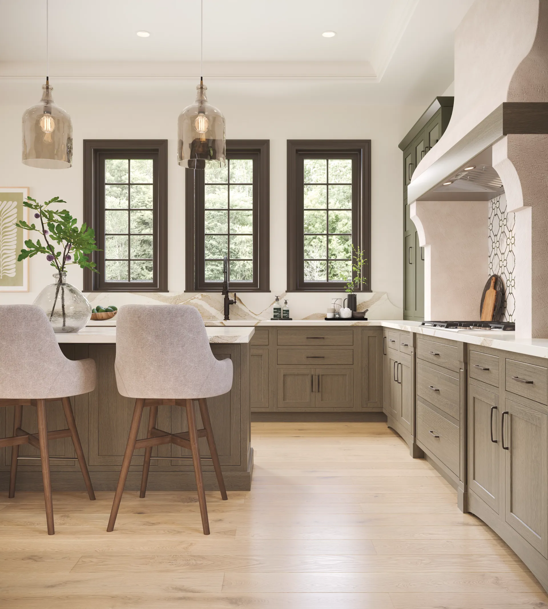 Gillet kitchen — perimeter cabinets with Shaker doors and range hood detail