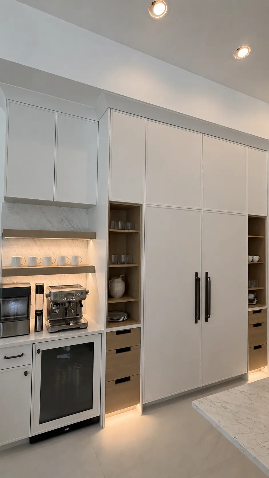 Built-in coffee bar with lit open shelving