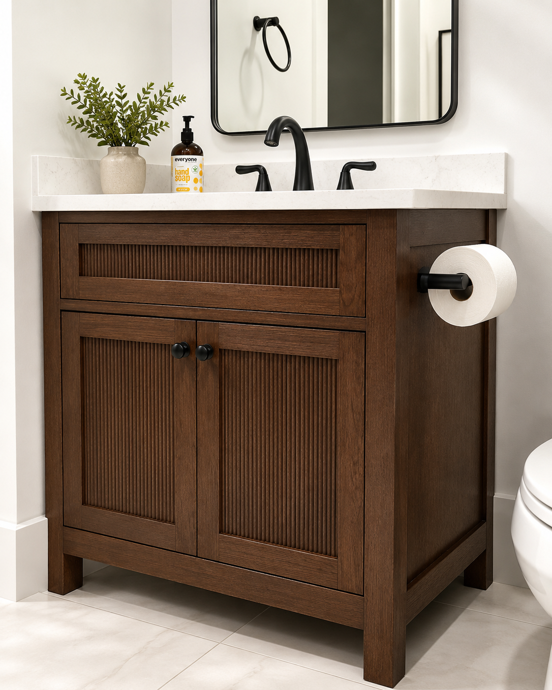 Reeded Malibu vanity in rift white oak, Dusk