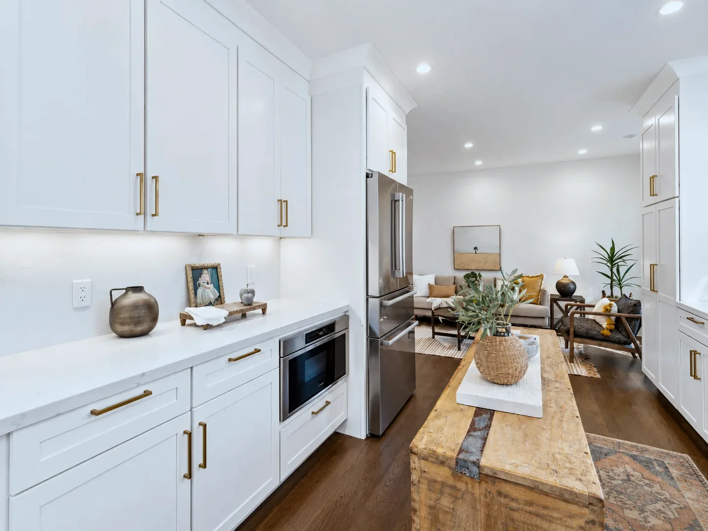Alabaster kitchen open to the living space, San Jose remodel