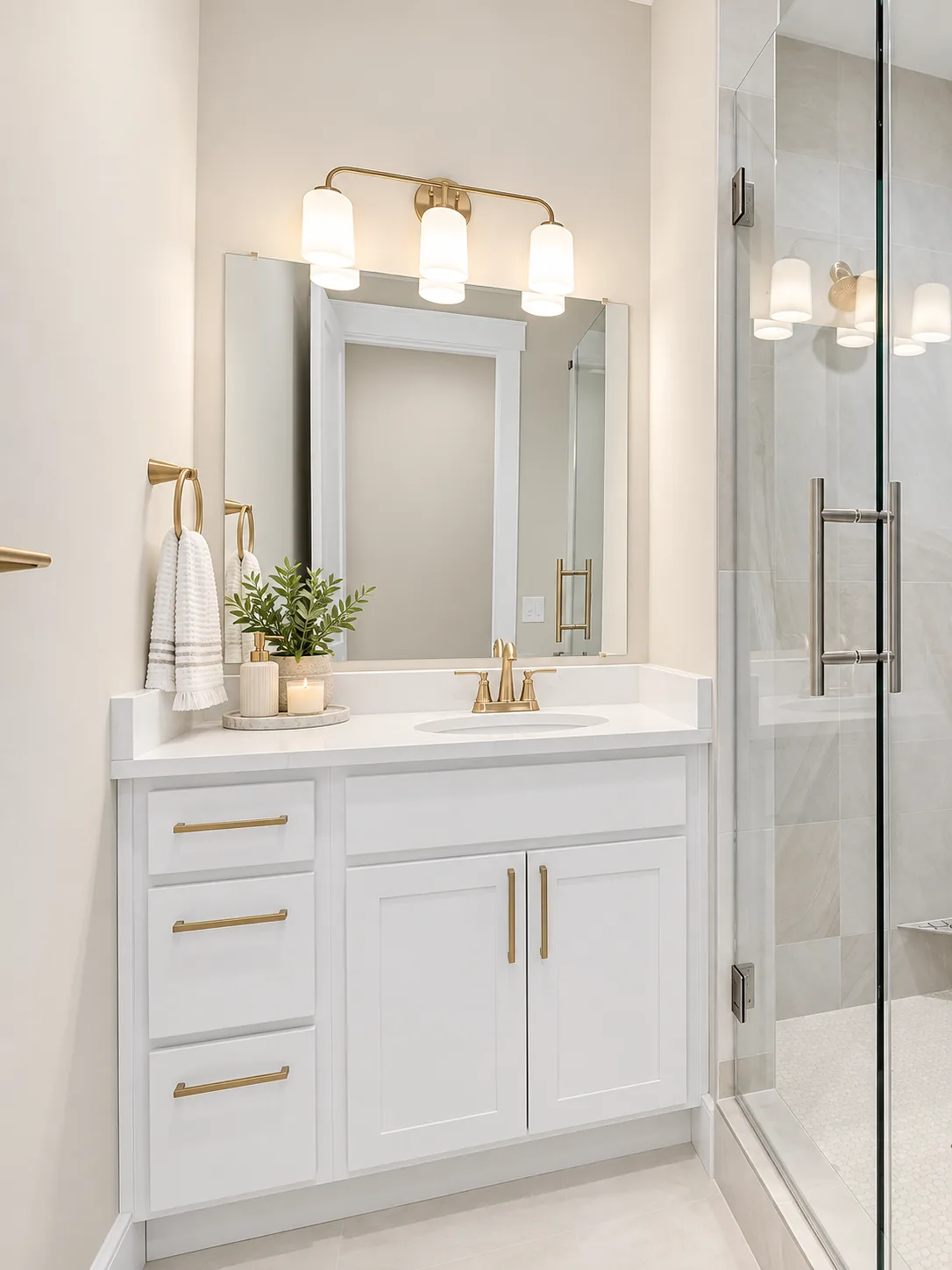 Alabaster vanity with brass hardware and mirror