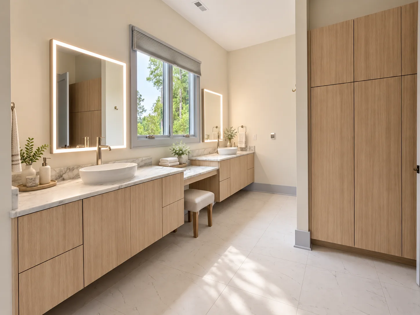 Bath vanity with lit mirror in Arizona Cypress