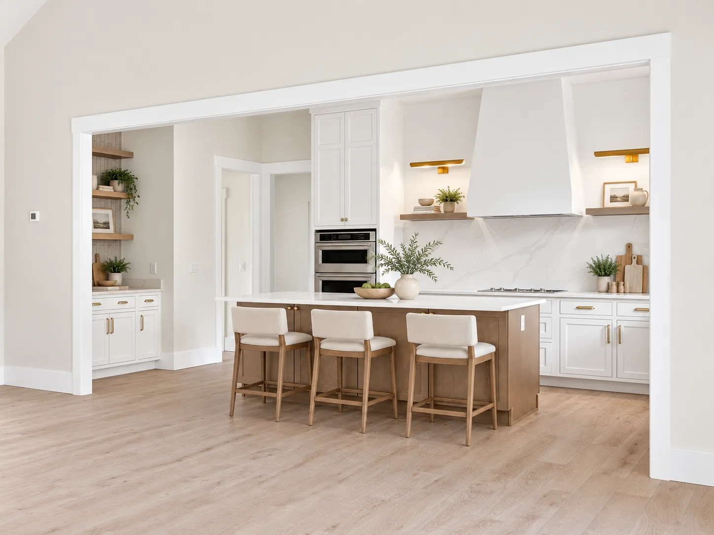 Kitchen open to the great room, Pure White perimeter with warm maple island