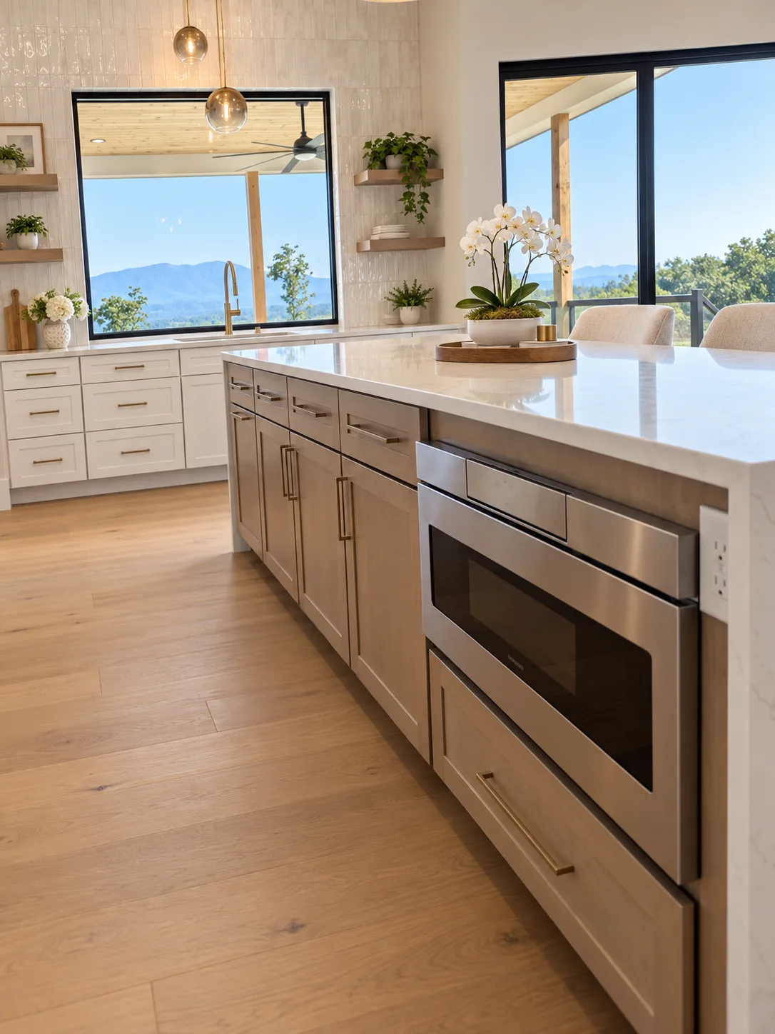 Barbados stained maple island with microwave drawer