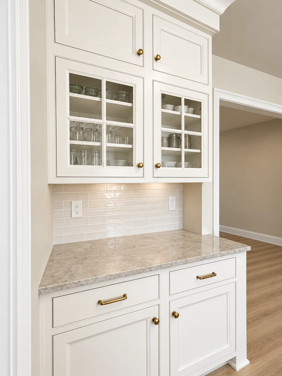 Glass-front display uppers, beaded inset cabinetry