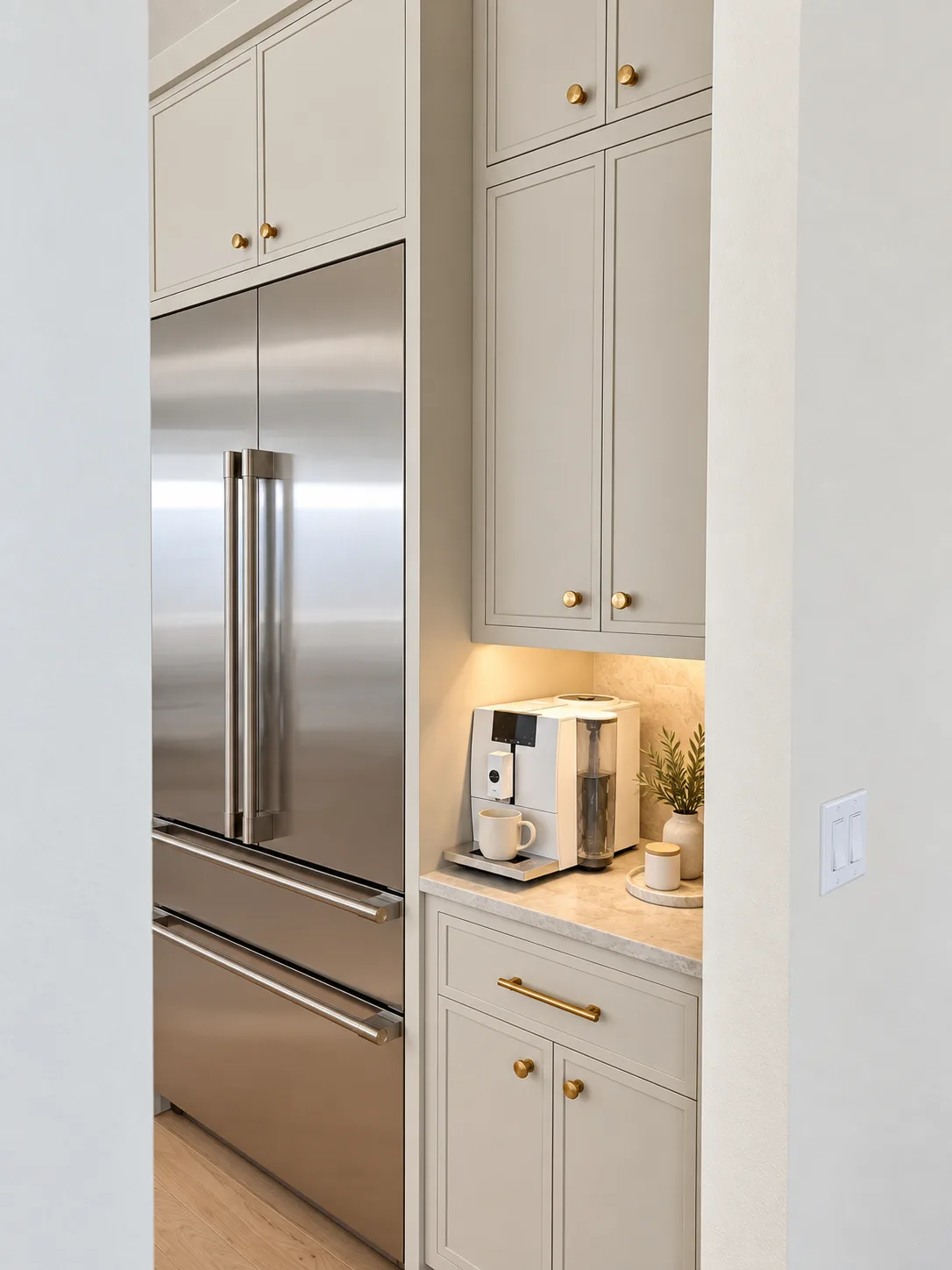 Coffee nook beside the refrigerator, Beige cabinetry
