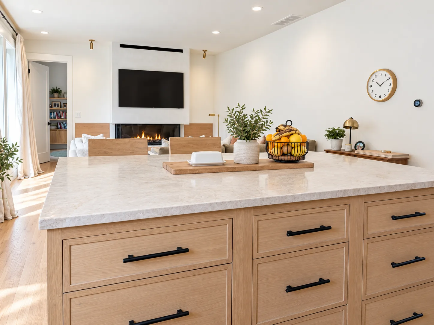 Expanded island open to the family room, Straw rift white oak
