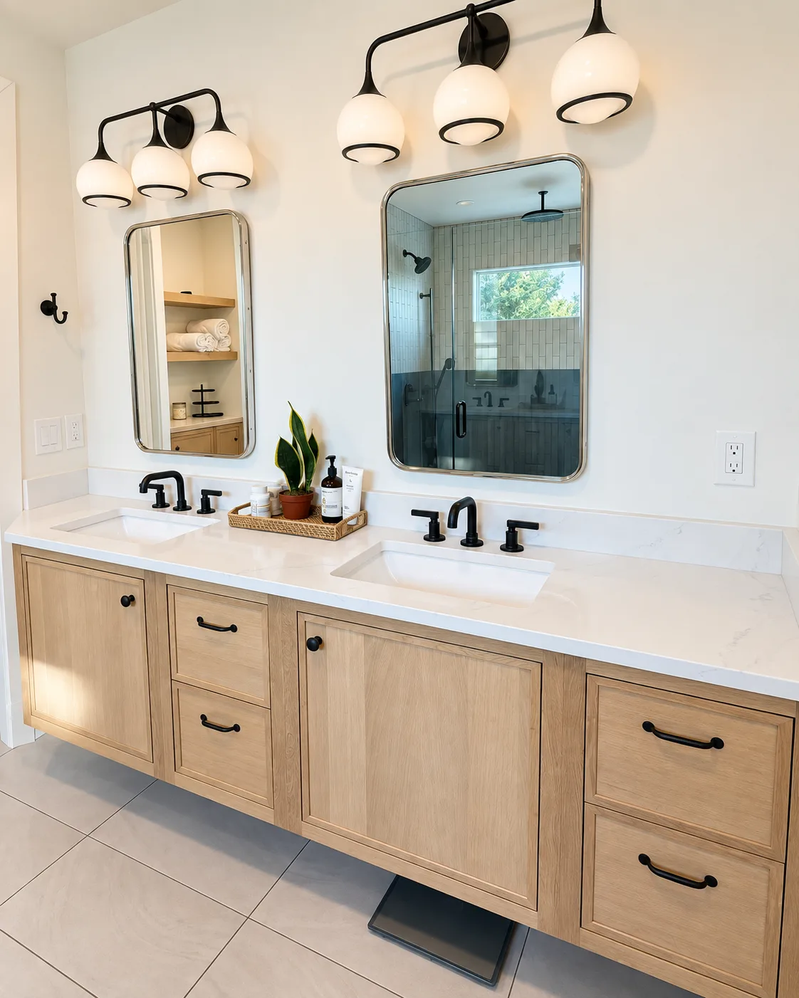 Floating vanity drawer detail in Straw rift white oak