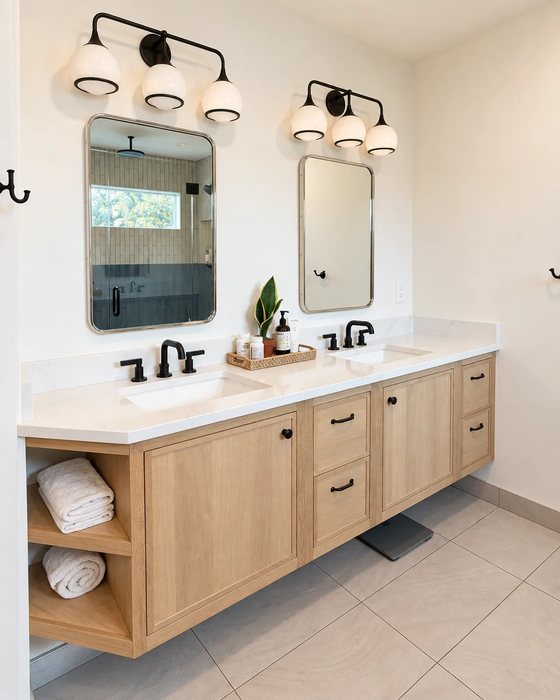 Custom floating double vanity in Straw rift white oak with black hardware, Beaverton remodel