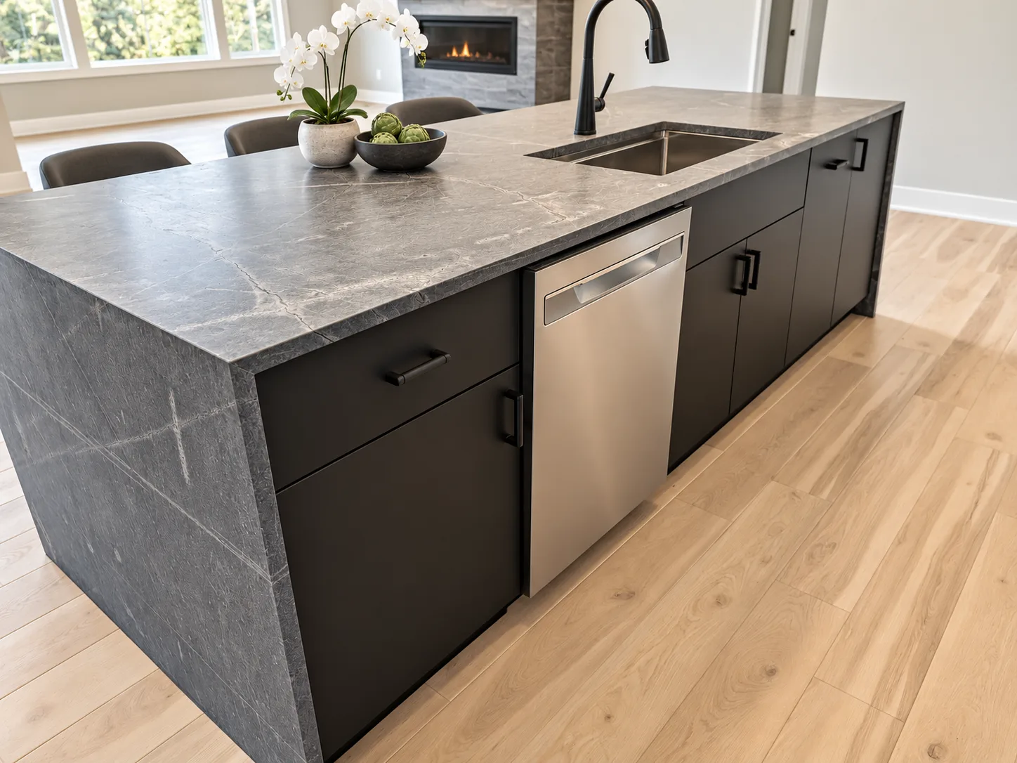 Working side of the black island with sink and dishwasher