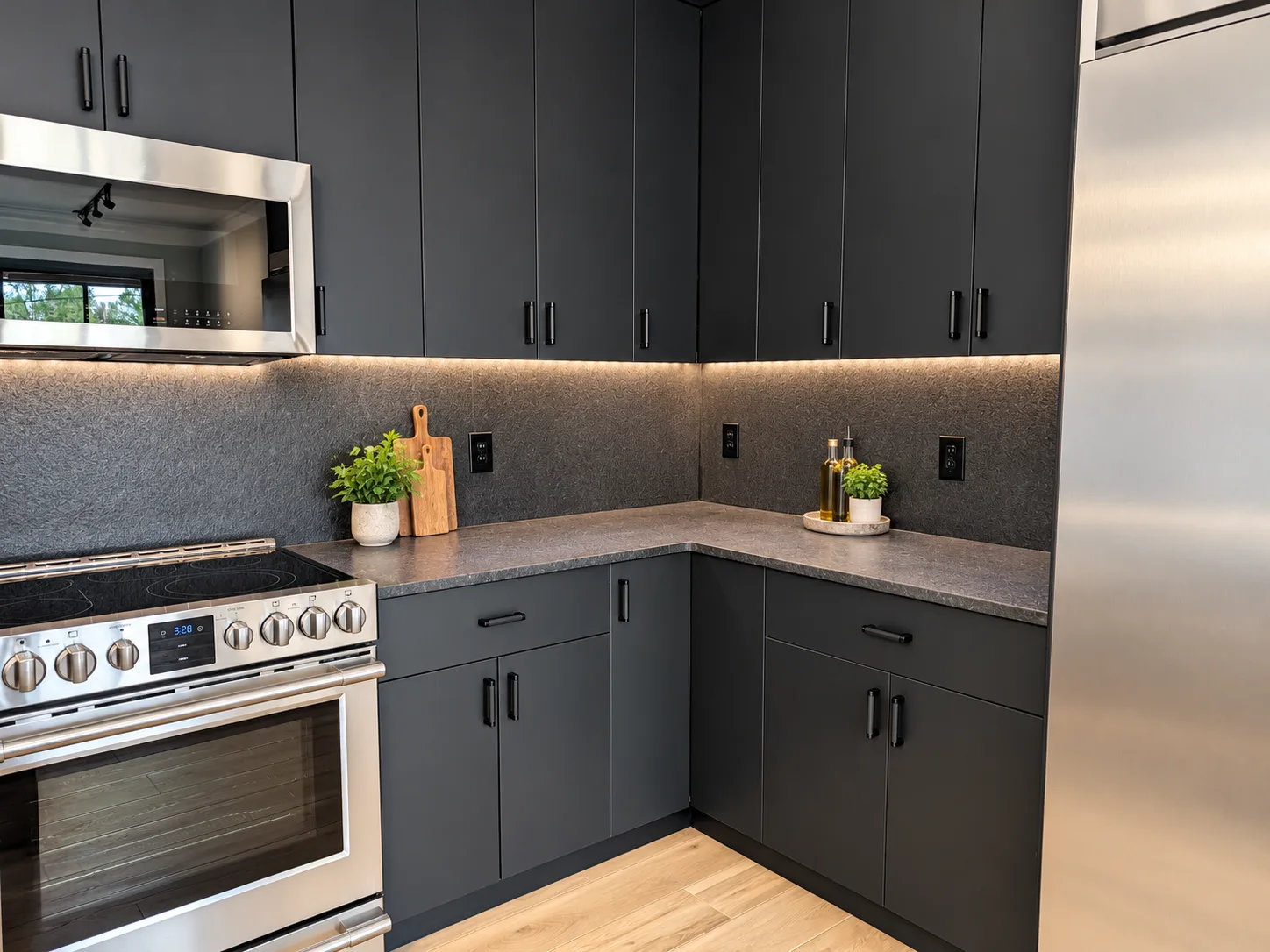 Black slab range corner with under-cabinet lighting