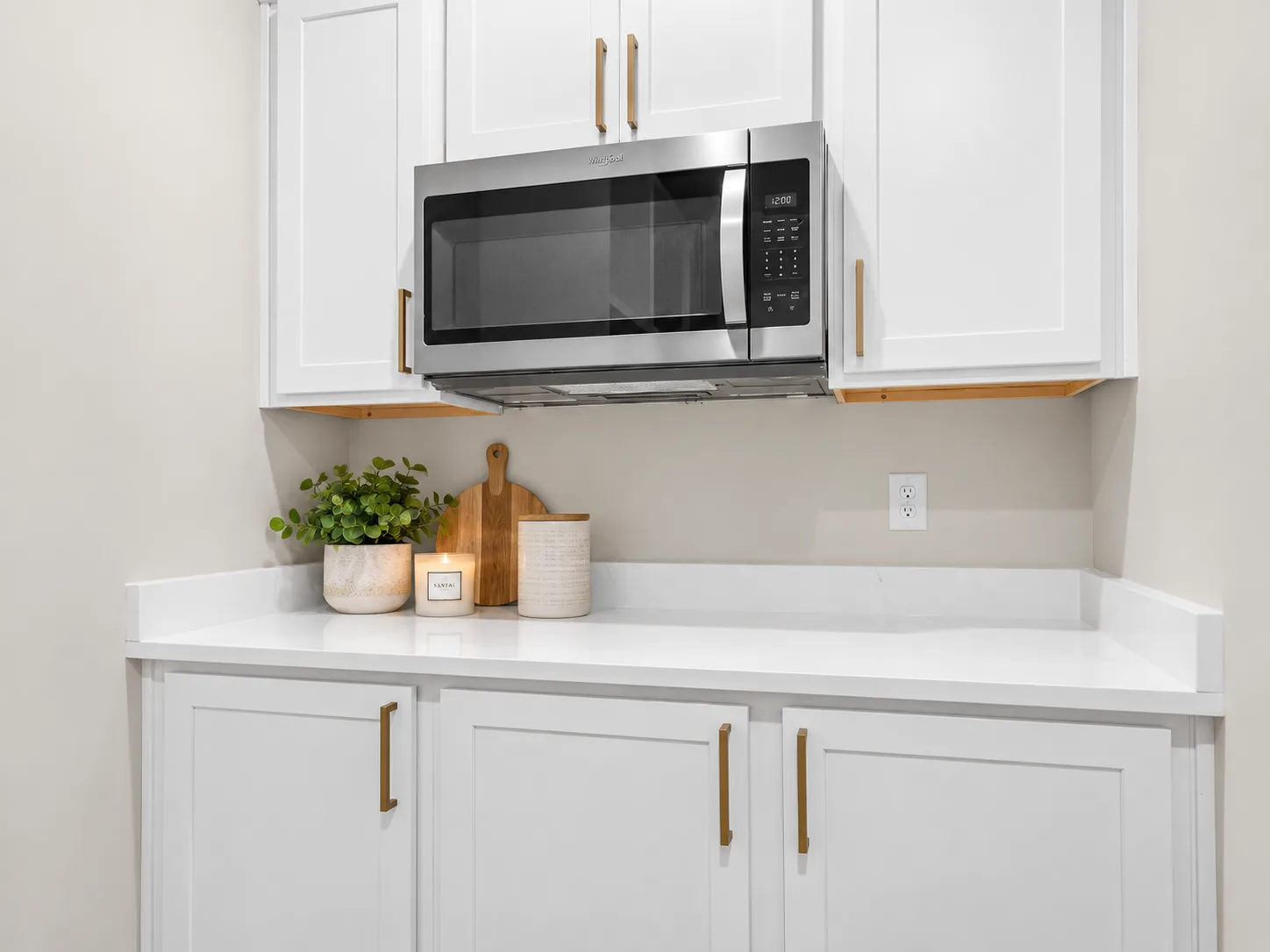 Microwave wall with wood shelf, Bristol doors in Alabaster