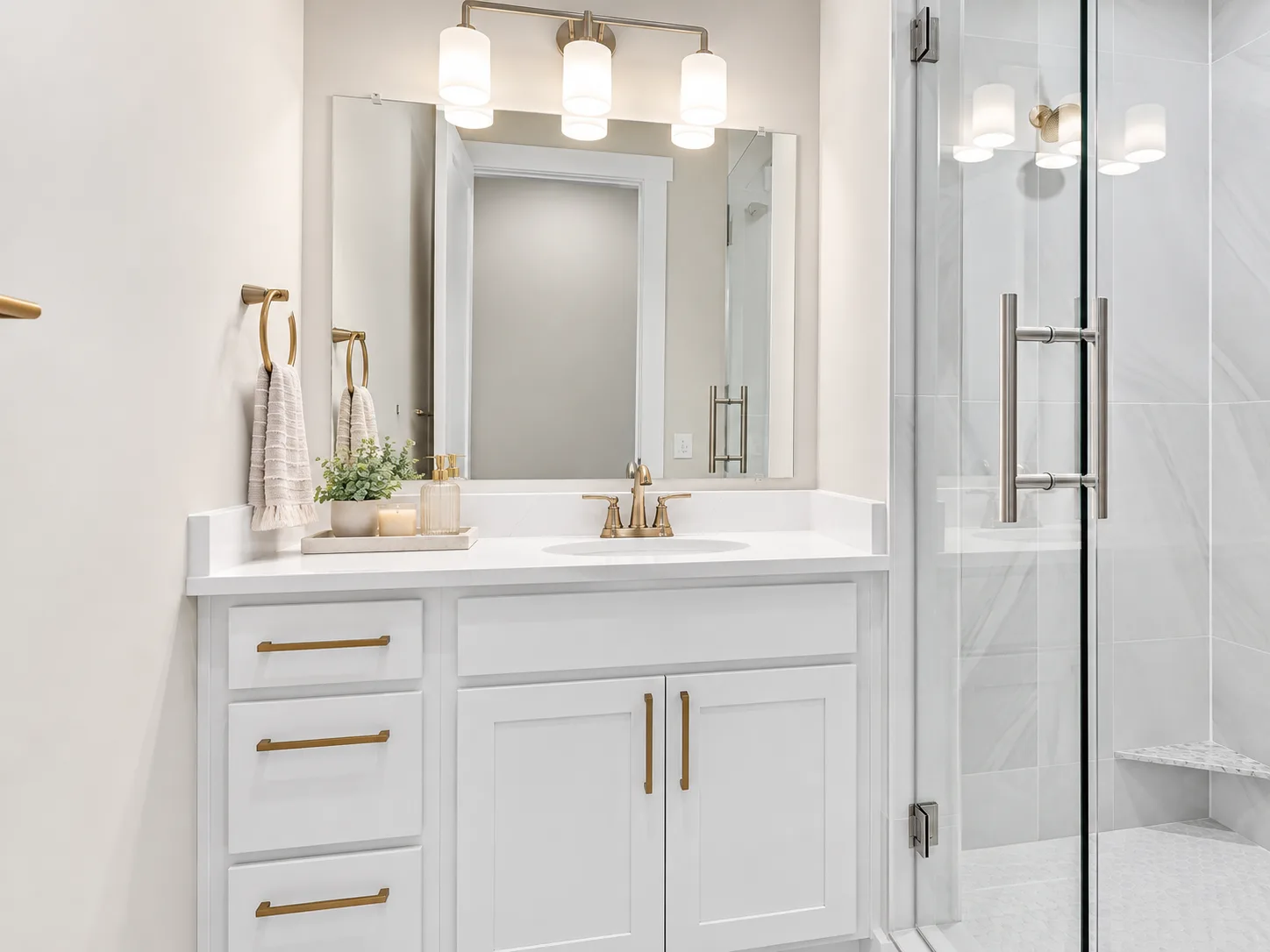 Vanity beside the glass shower, Bristol in Alabaster