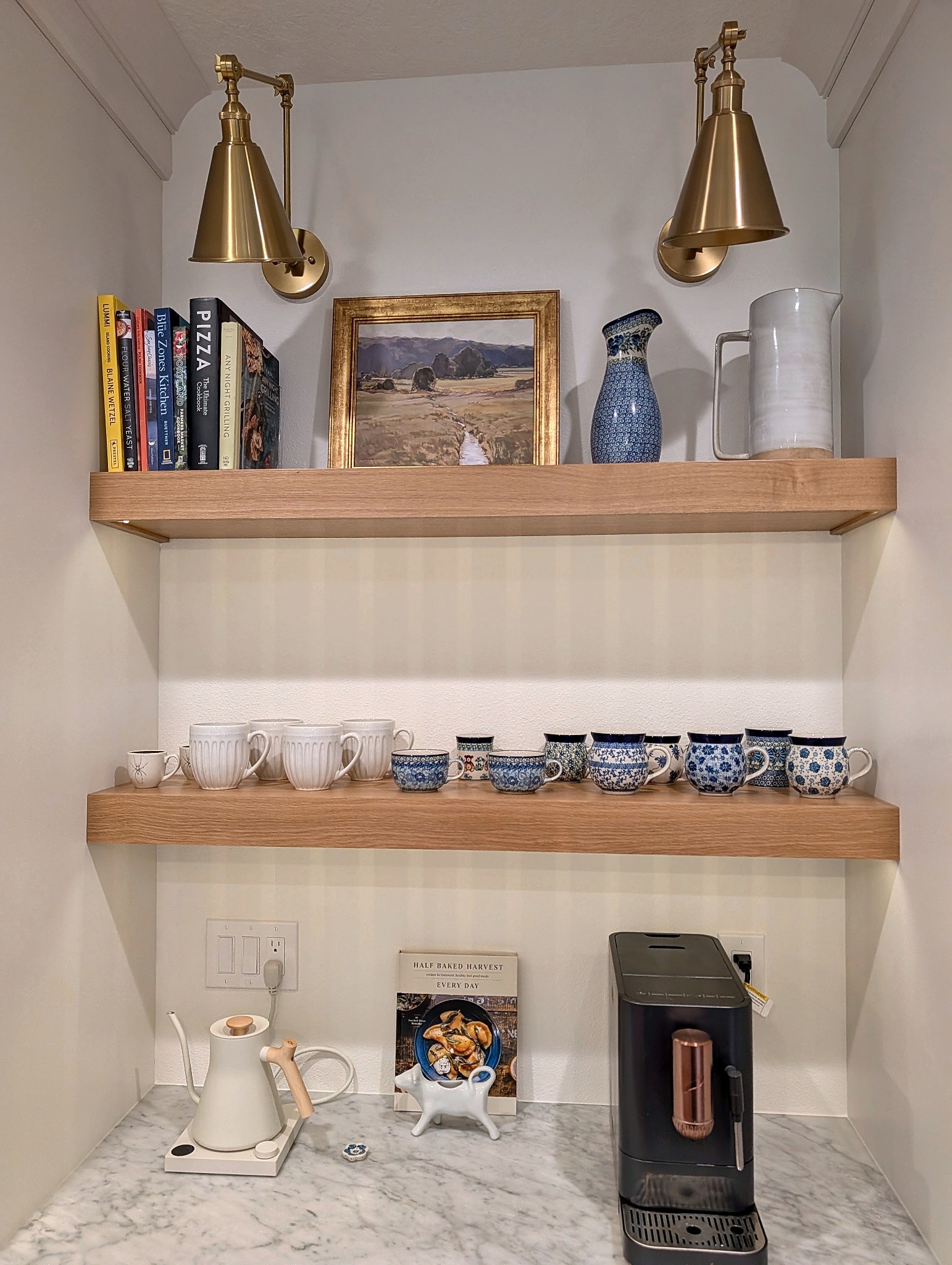 Coffee bar shelves on beadboard