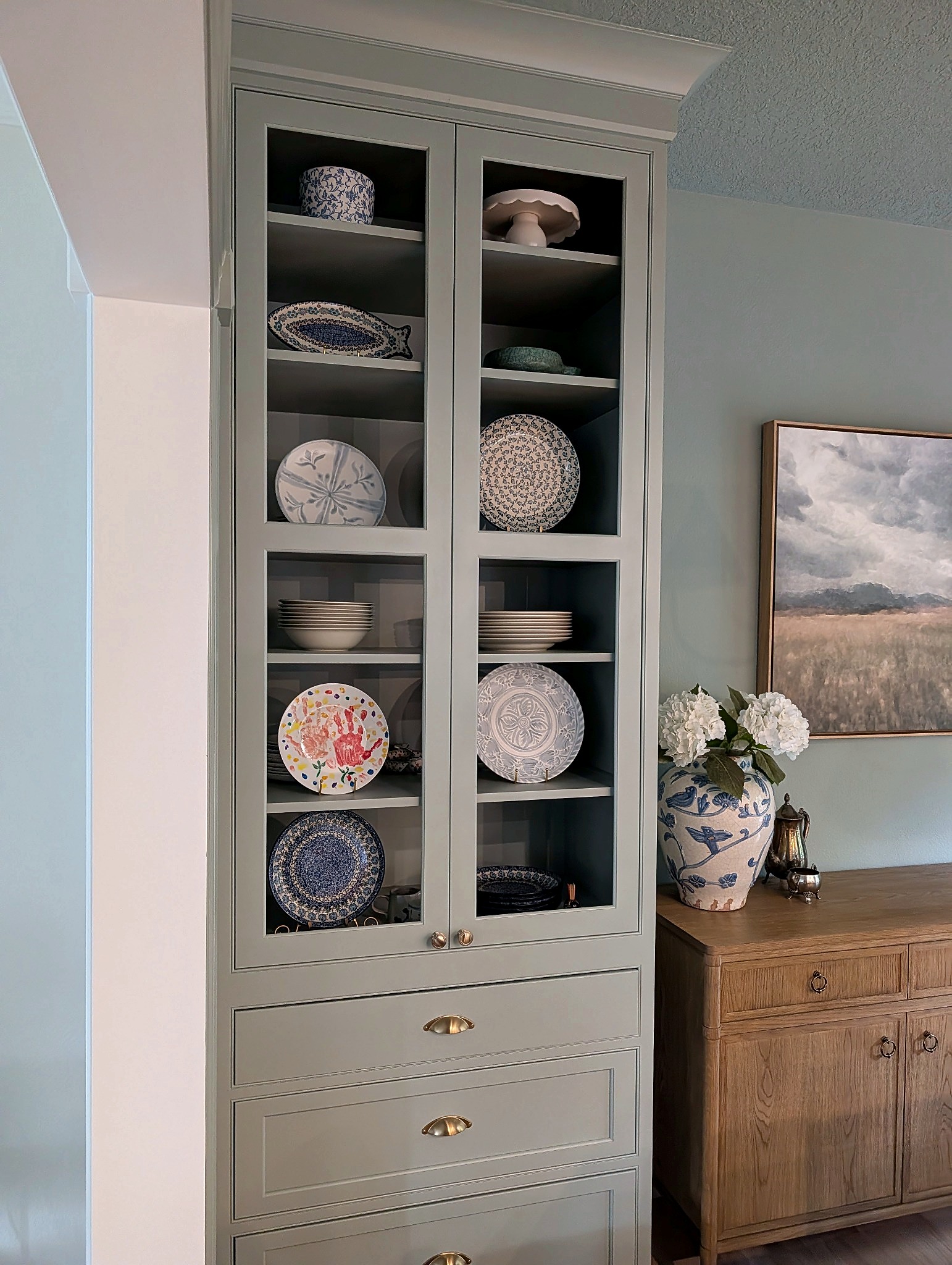Custom Crystal Fog hutch with glass display doors