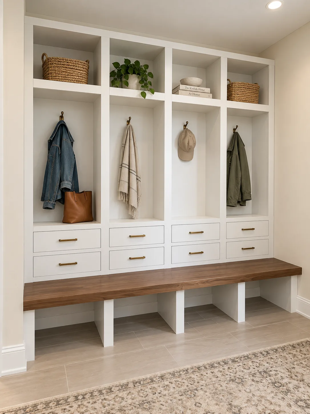 Custom drop zone cubbies with walnut bench