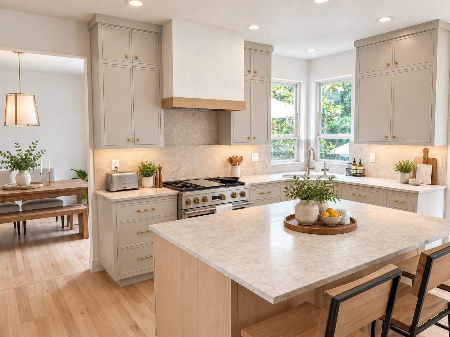 Large custom hood with Straw rift white oak band matching the island
