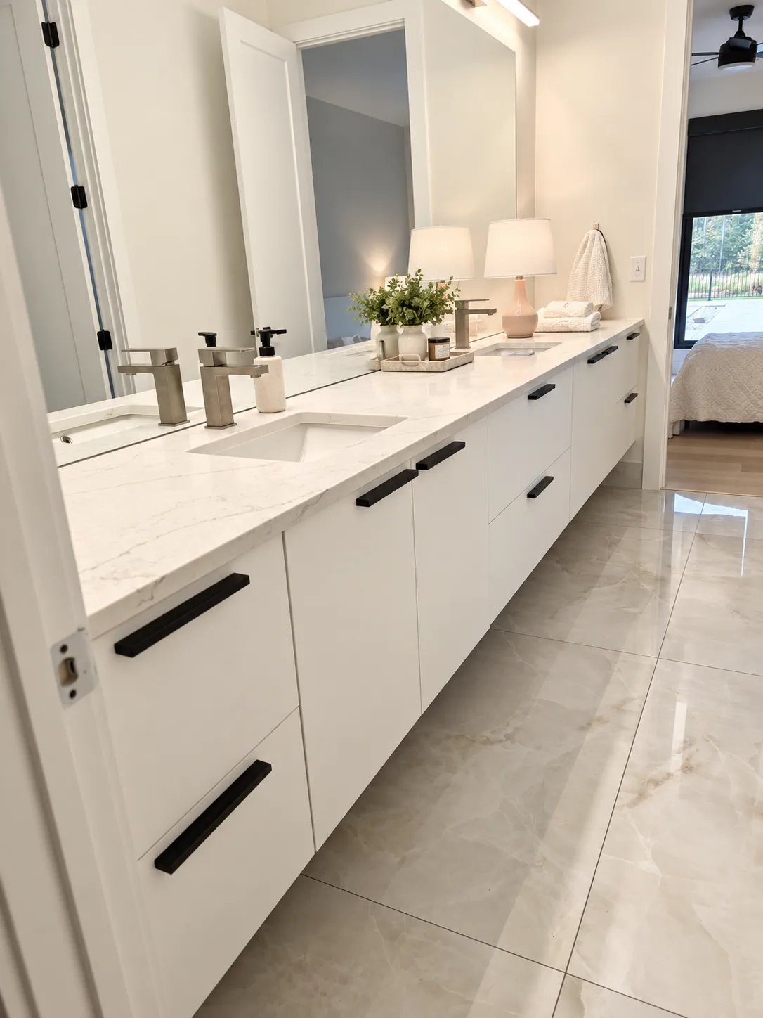 Floating double vanity in the suite bath