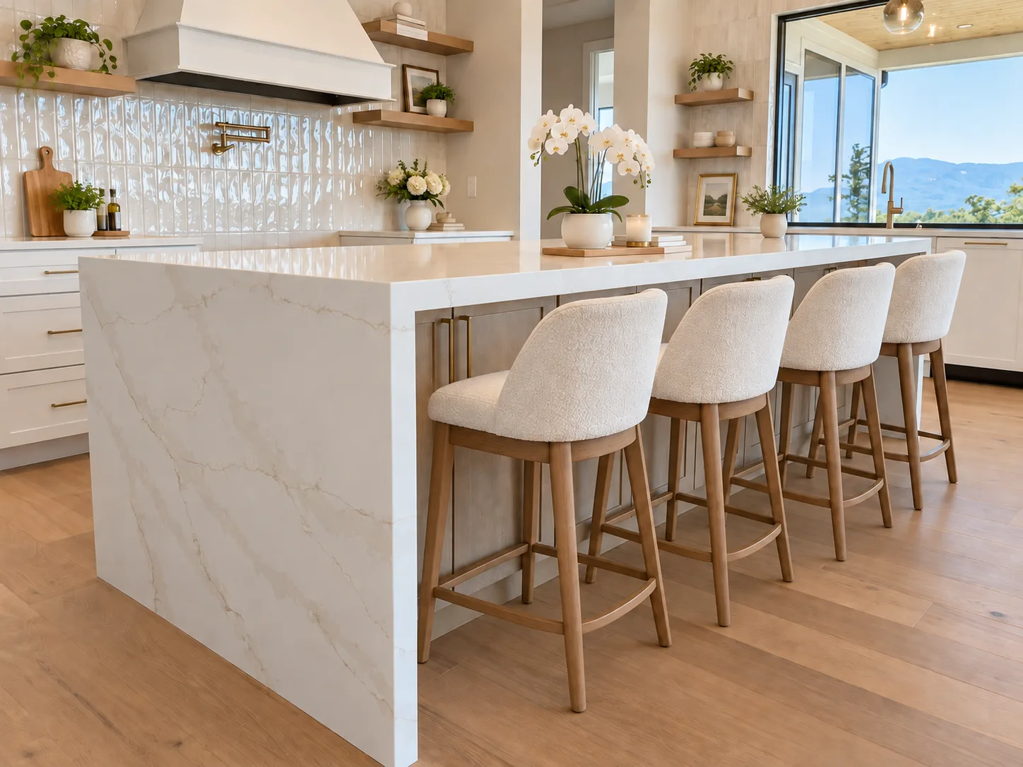 Island seating at the waterfall counter with mountain view