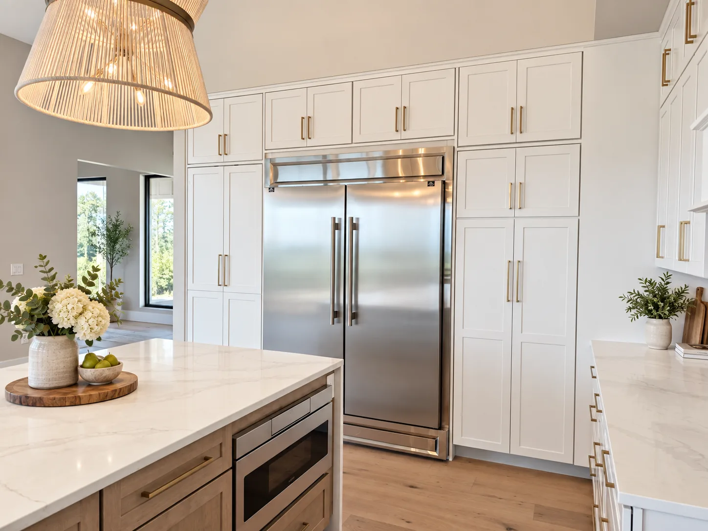 Hidden pantry doors in the Alabaster cabinetry run beside the refrigerator