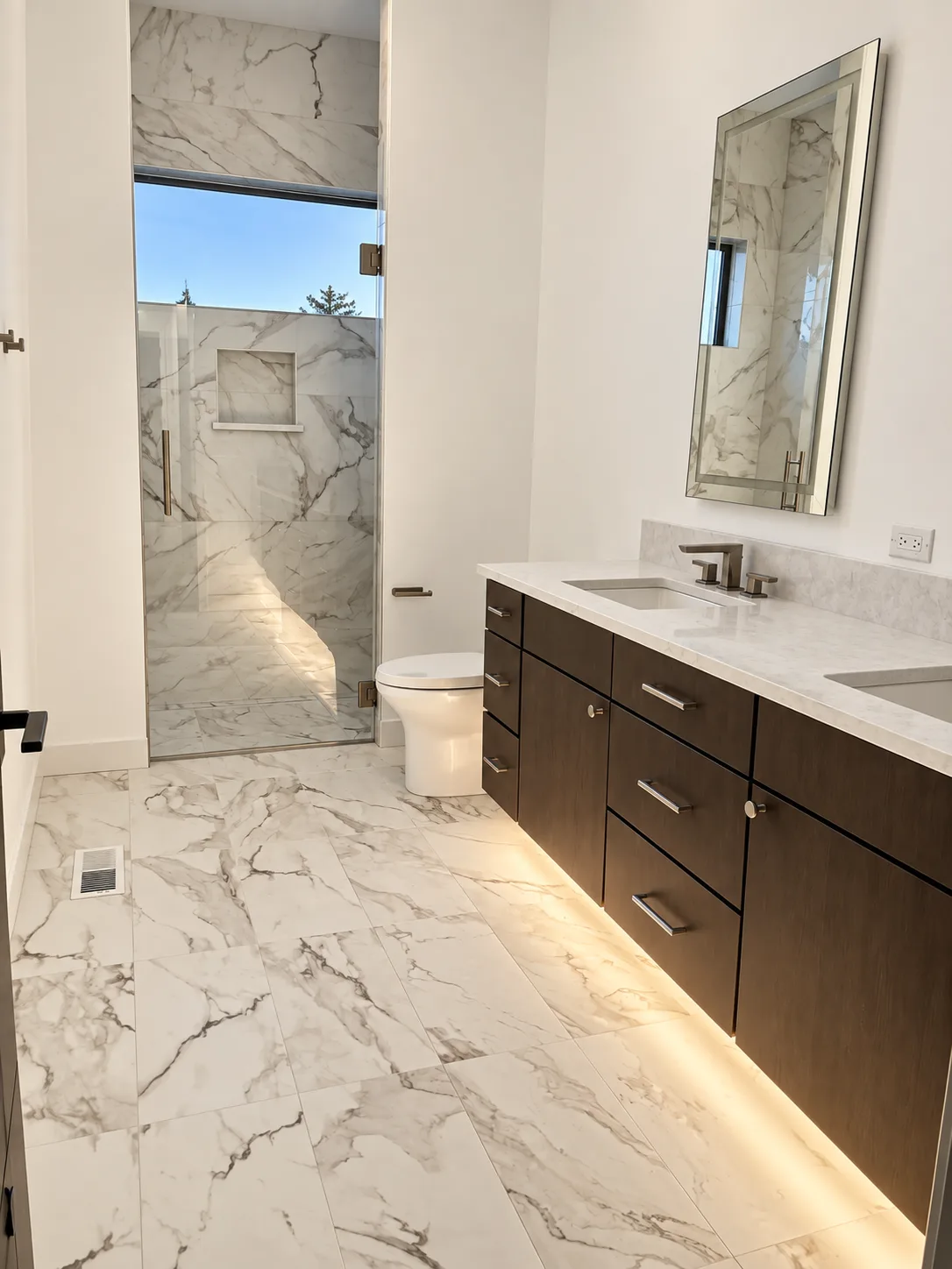Maker Series bath vanity in Prairie on Cherry with marble shower