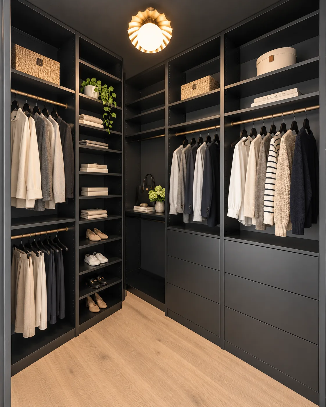 Custom black walk-in closet with fitted storage, McGill custom home
