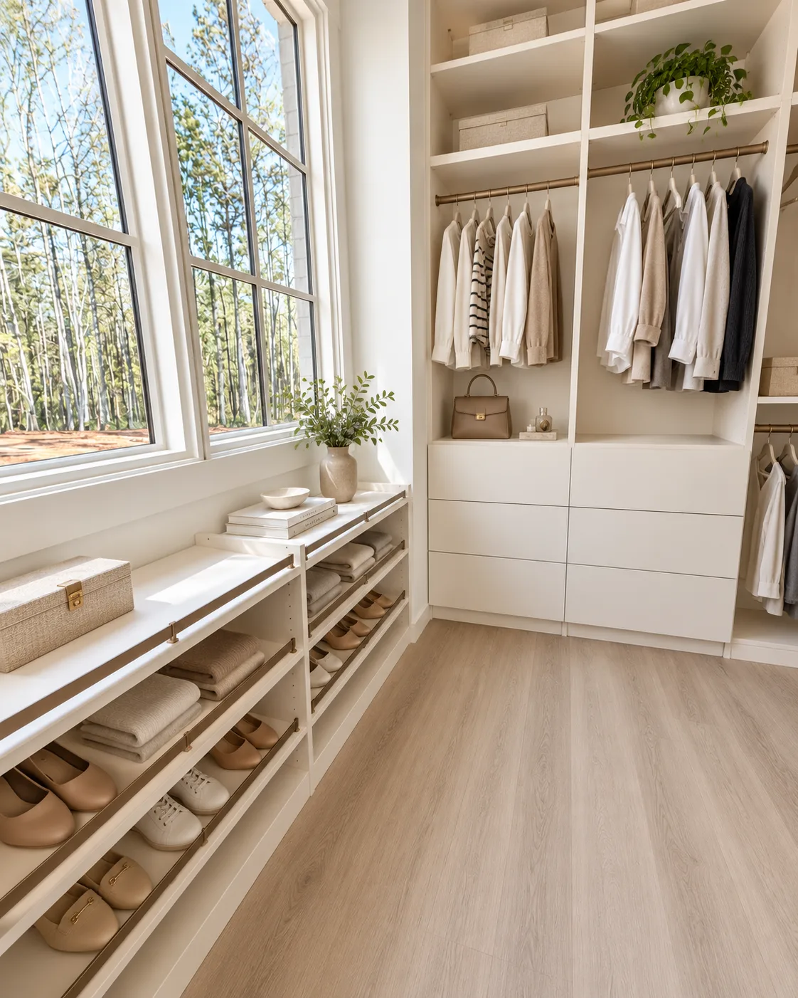 Closet window wall with shoe shelves and folded storage