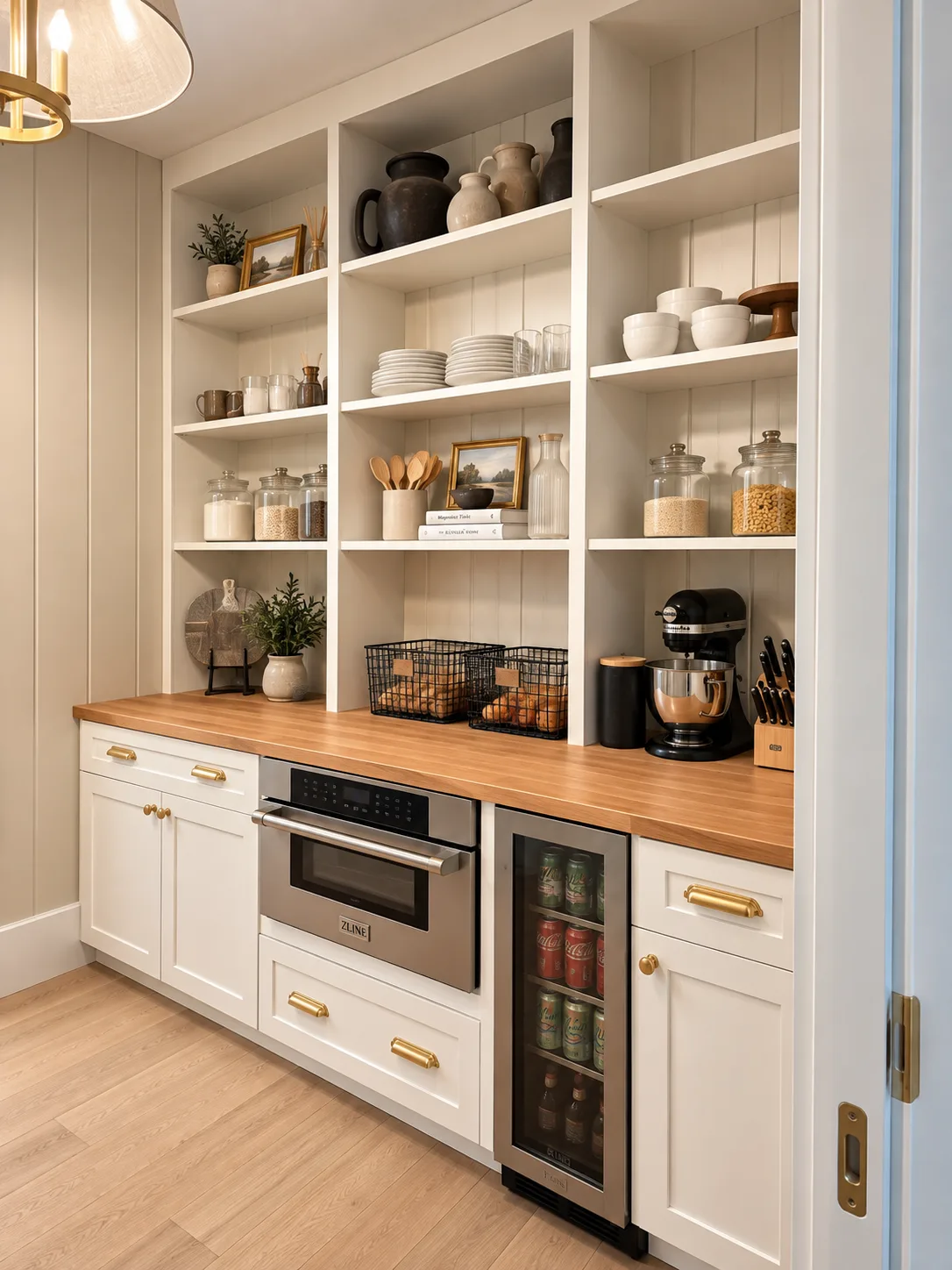 Coffee and beverage bar with open shelving