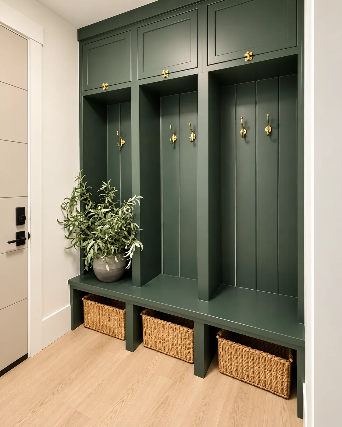 Green mudroom lockers and built-ins