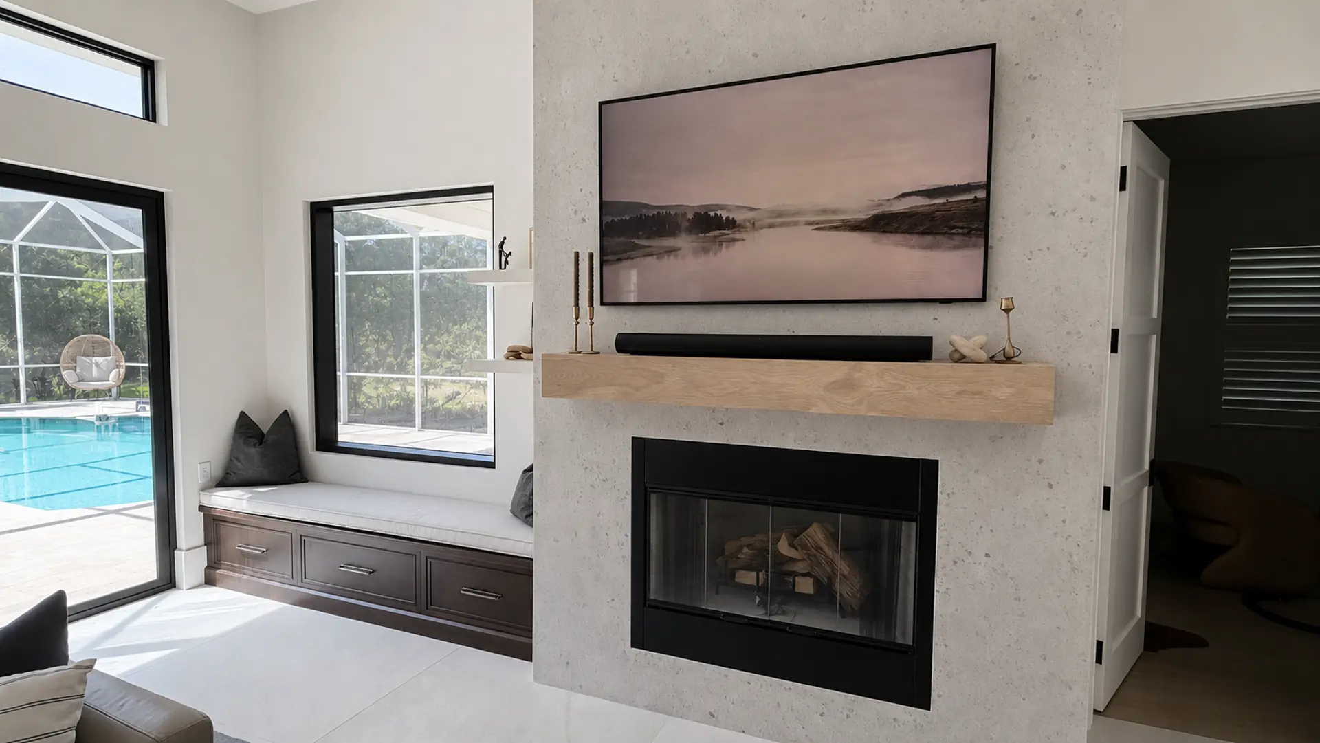 Custom fireplace and window seat cabinetry, Sarasota FL