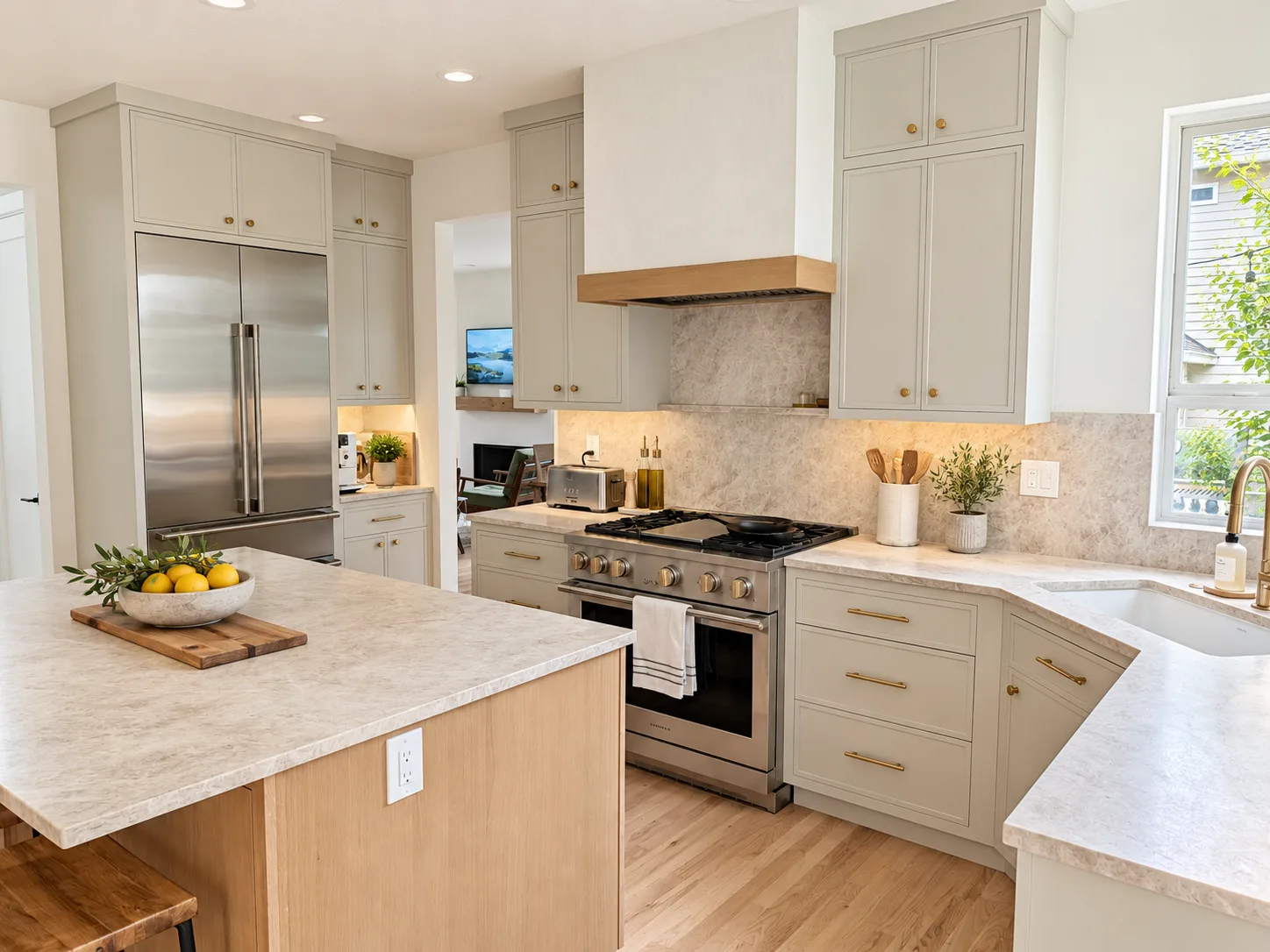 Napa modern inset kitchen in Beige with Straw rift white oak island