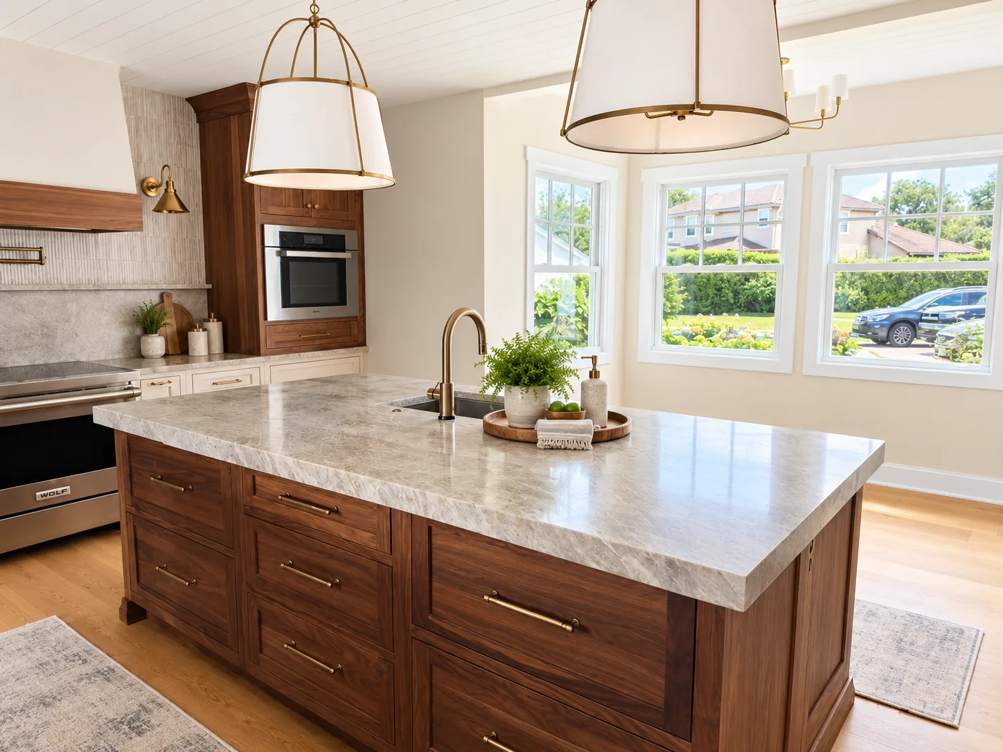 Natural Walnut island under the windows