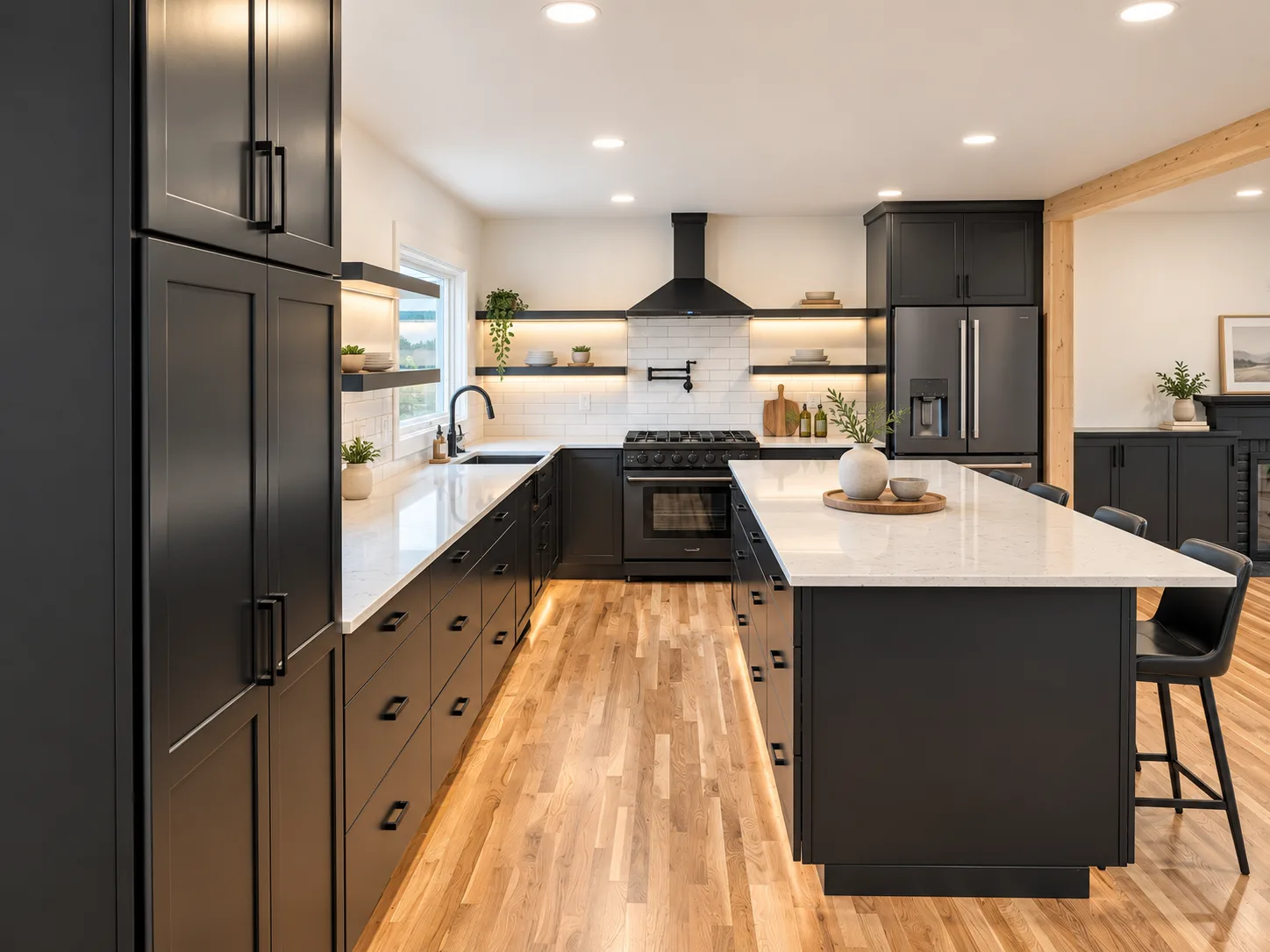 Maker Series black kitchen with lighted floating shelves
