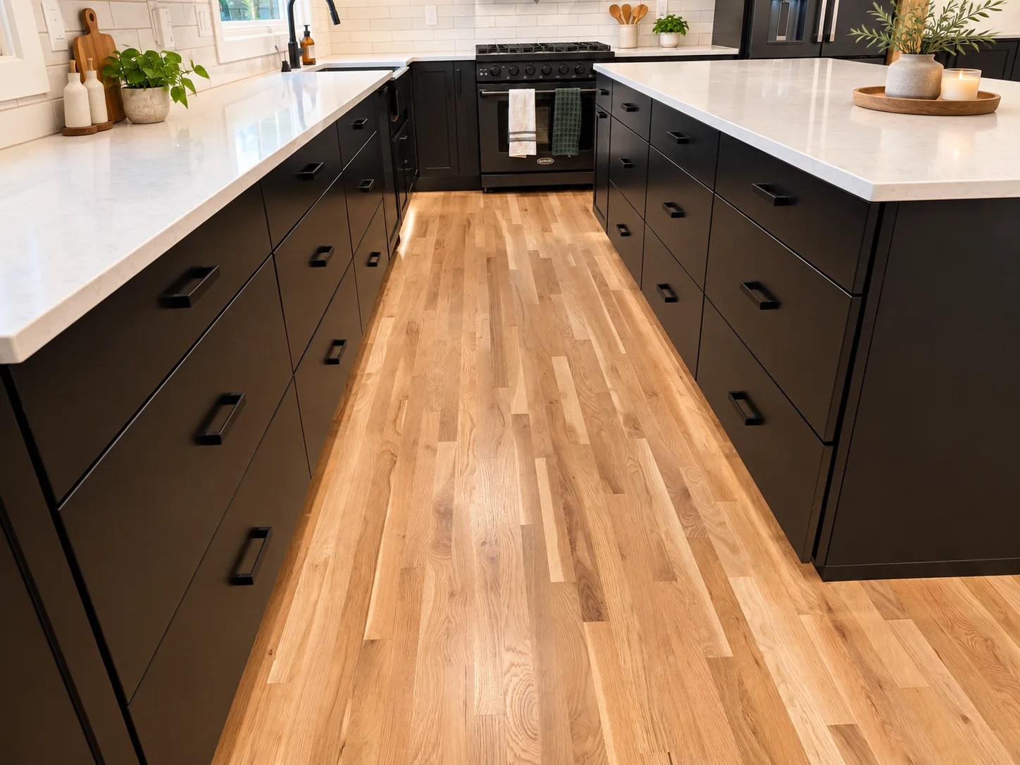 Matte black Maker Series drawer banks with white oak flooring in a Portland Oregon kitchen remodel