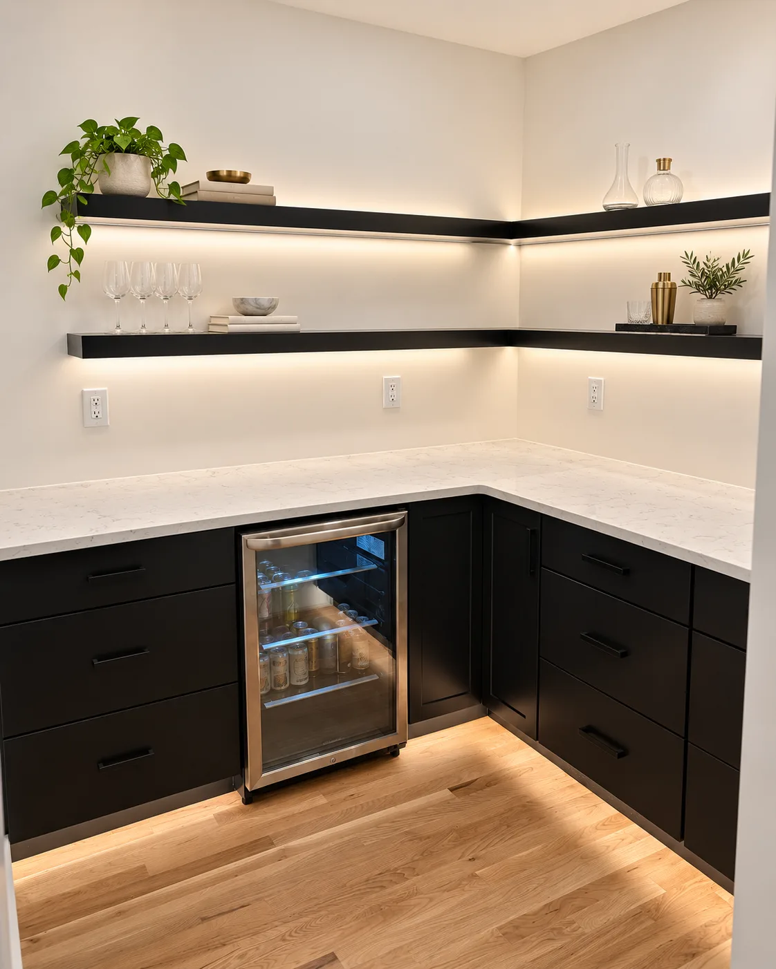 Quiet Black corner cabinet run with built-in under-counter oven and quartz counters, Portland OR