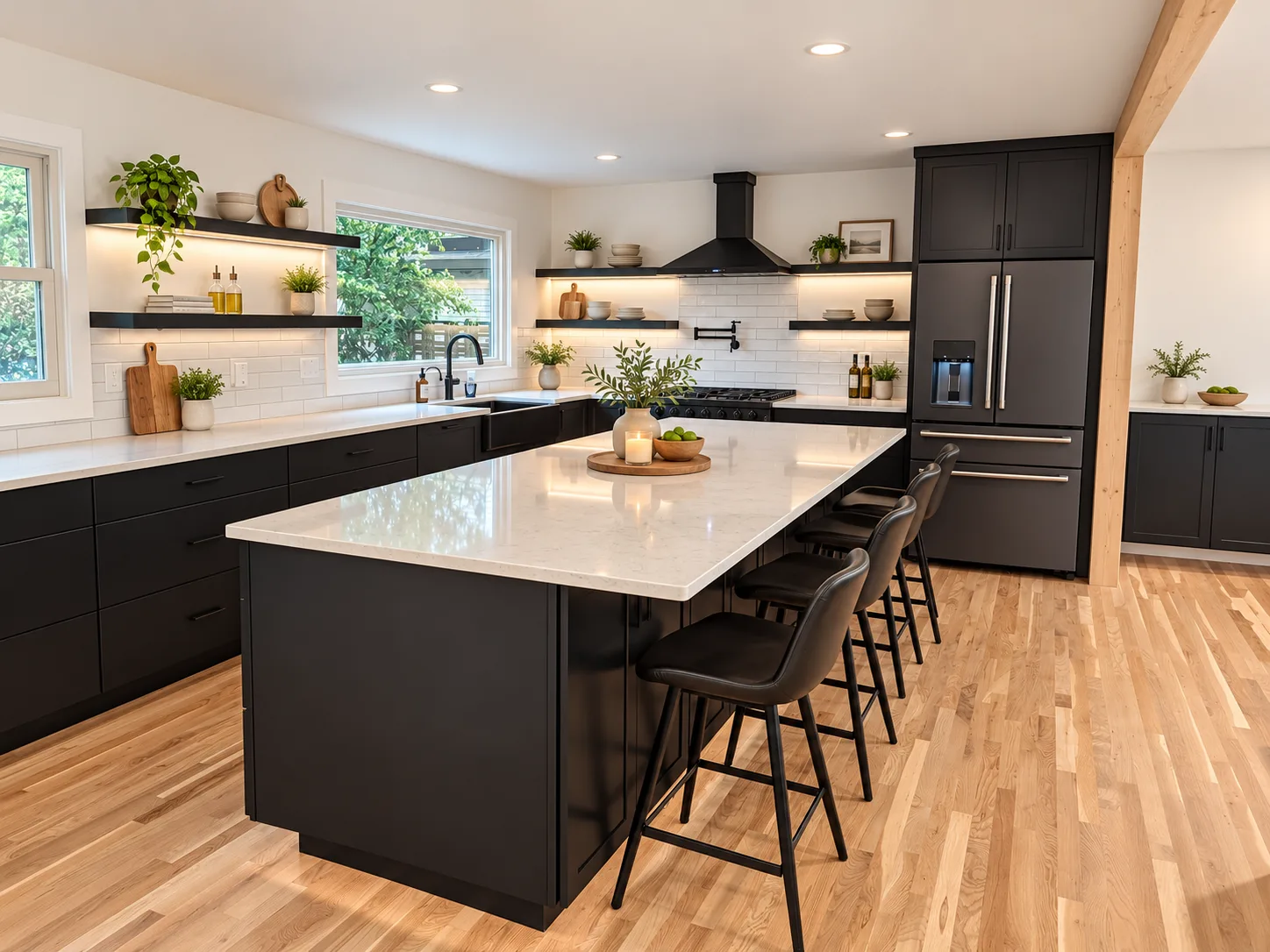 Expanded kitchen island in Quiet Black with quartz countertop and seating, Portland remodel