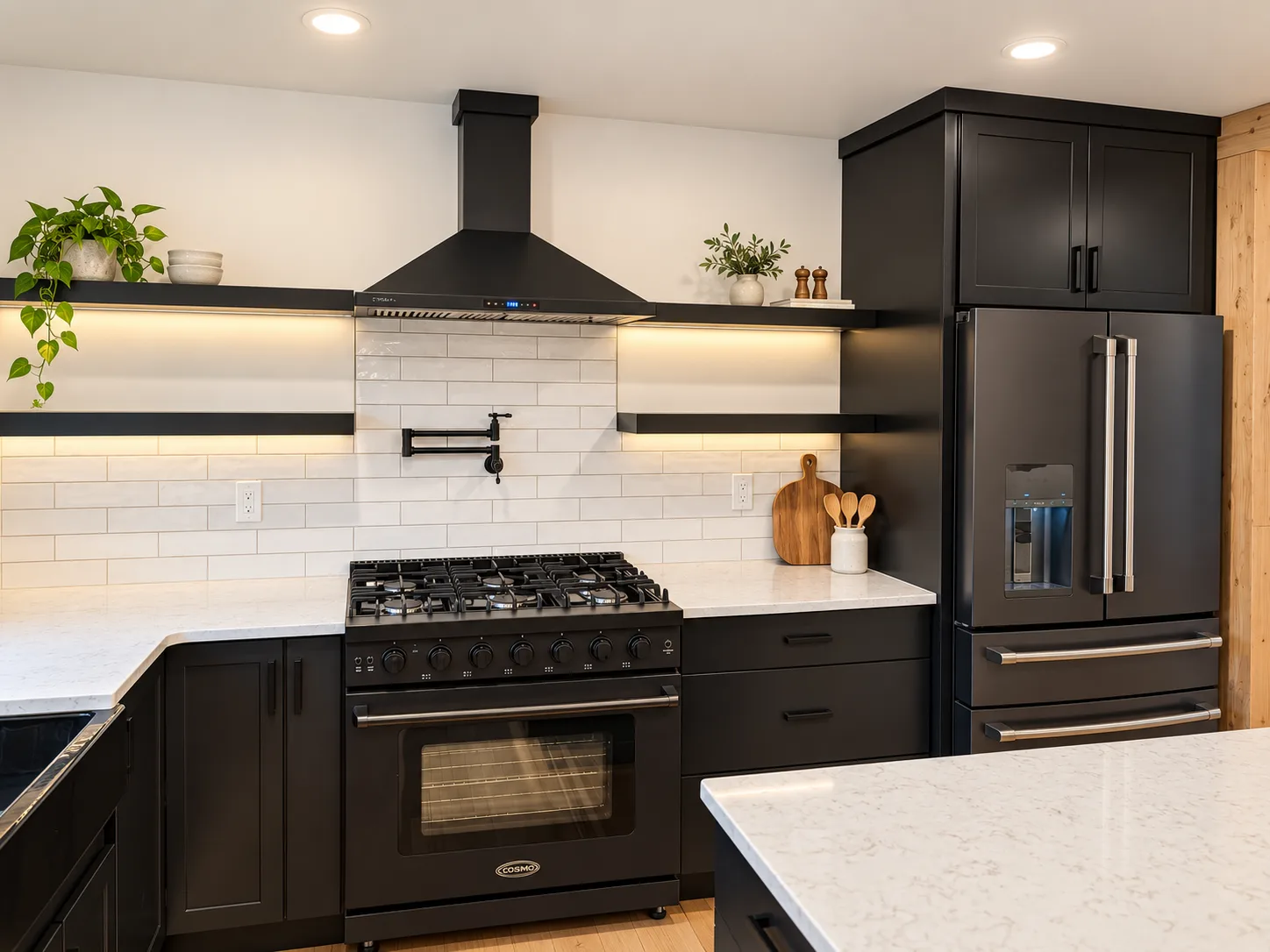 Black range wall with pot filler and white subway tile, Quiet Black cabinets, Portland remodel