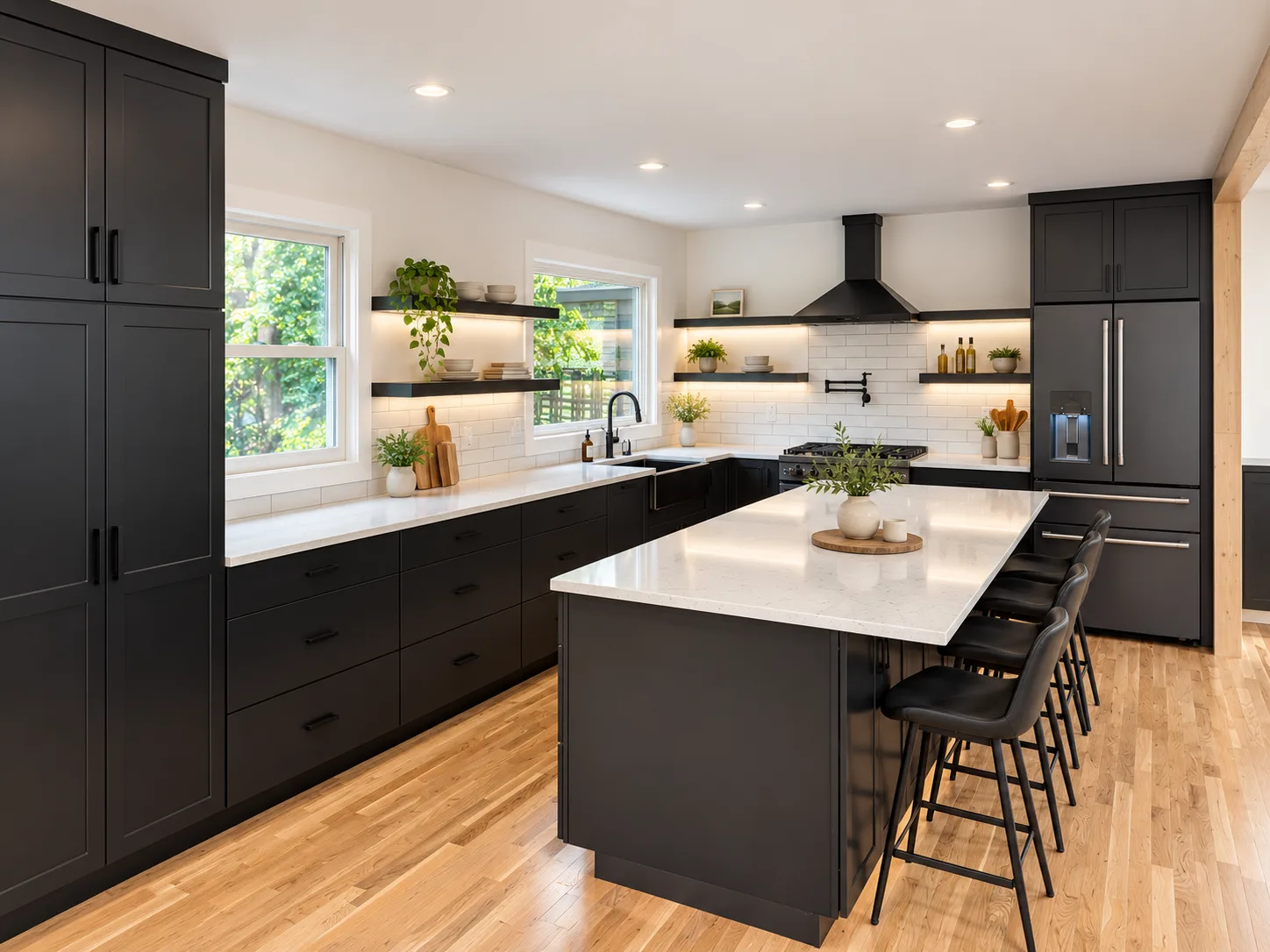 Quiet Black Evereve kitchen with floating shelf lighting and white oak floors, Portland Oregon