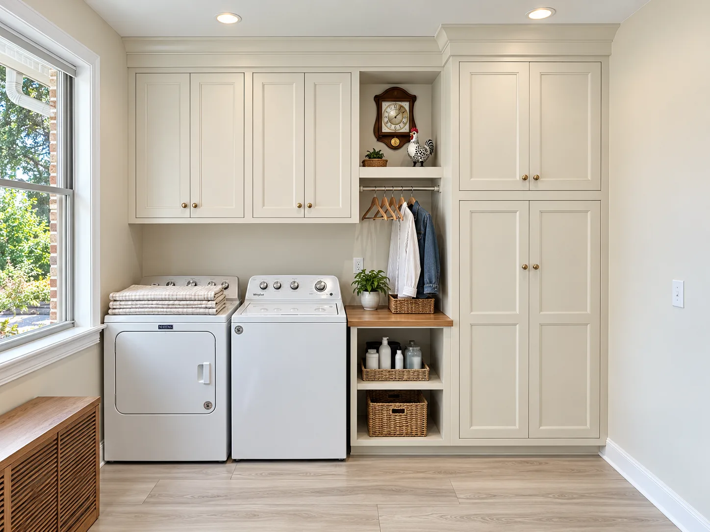 Custom laundry room cabinetry with hanging nook