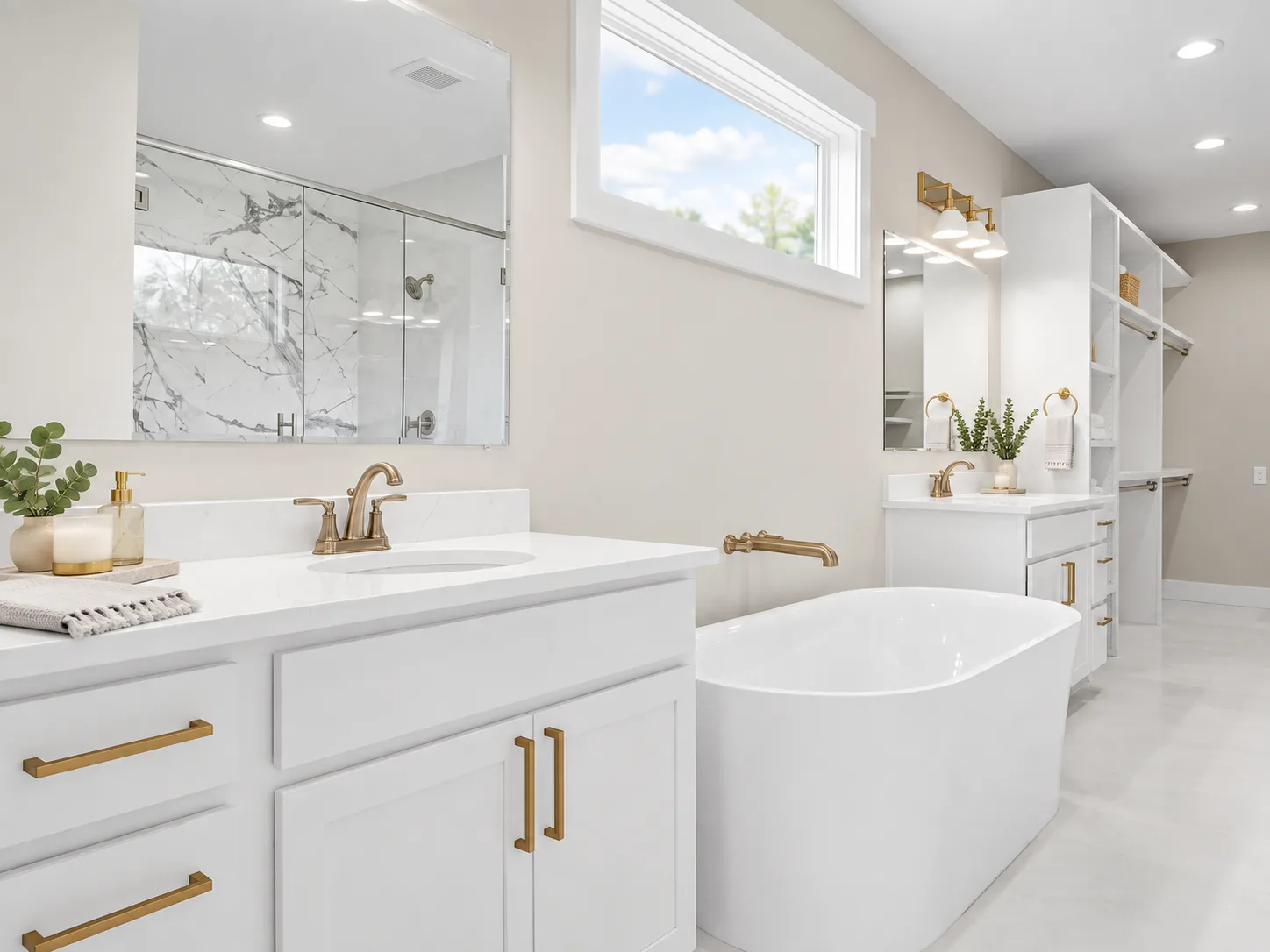 Master bath double vanity with freestanding tub, Bristol in Alabaster