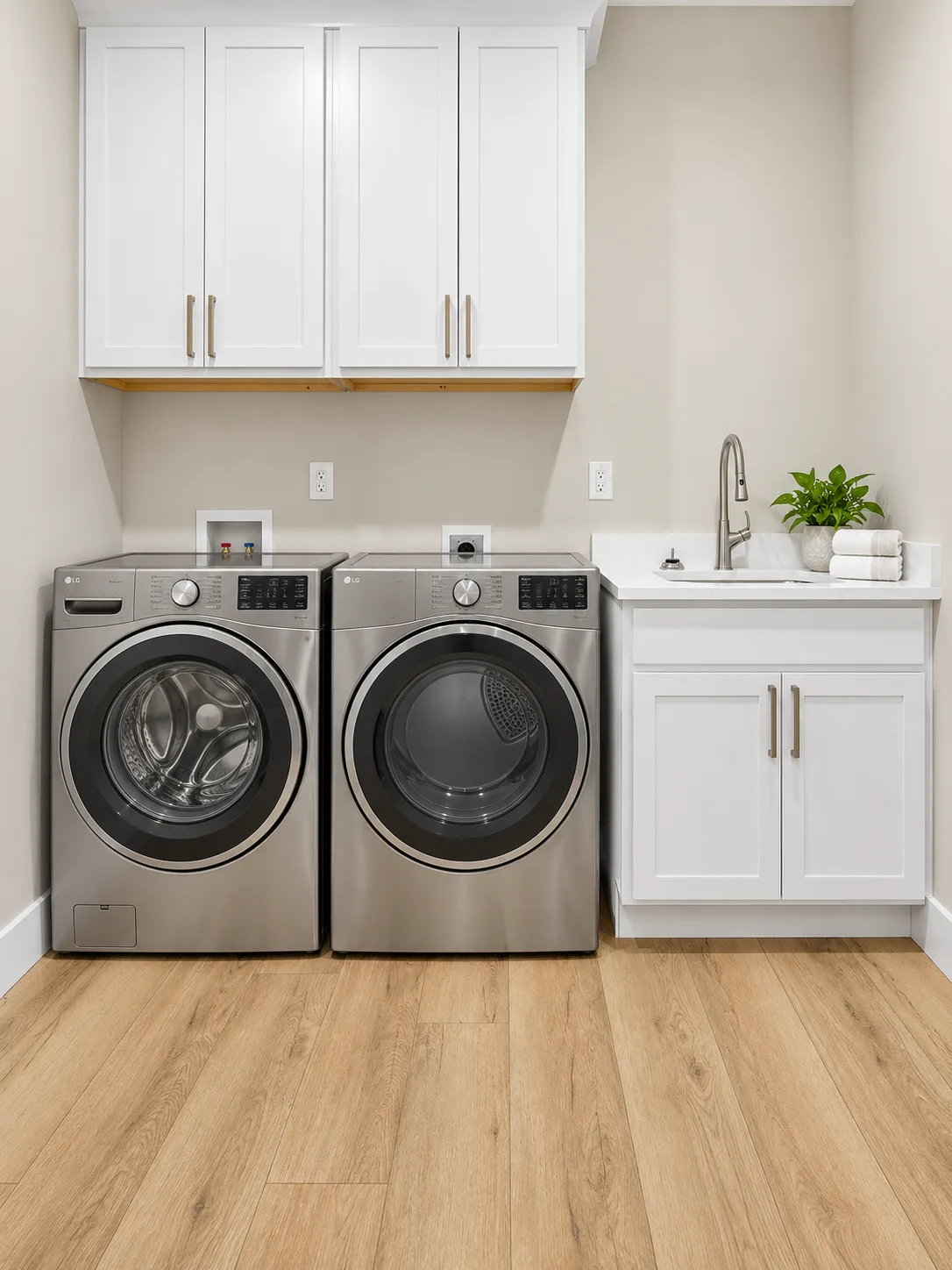 Laundry cabinets with wood shelf and sink run