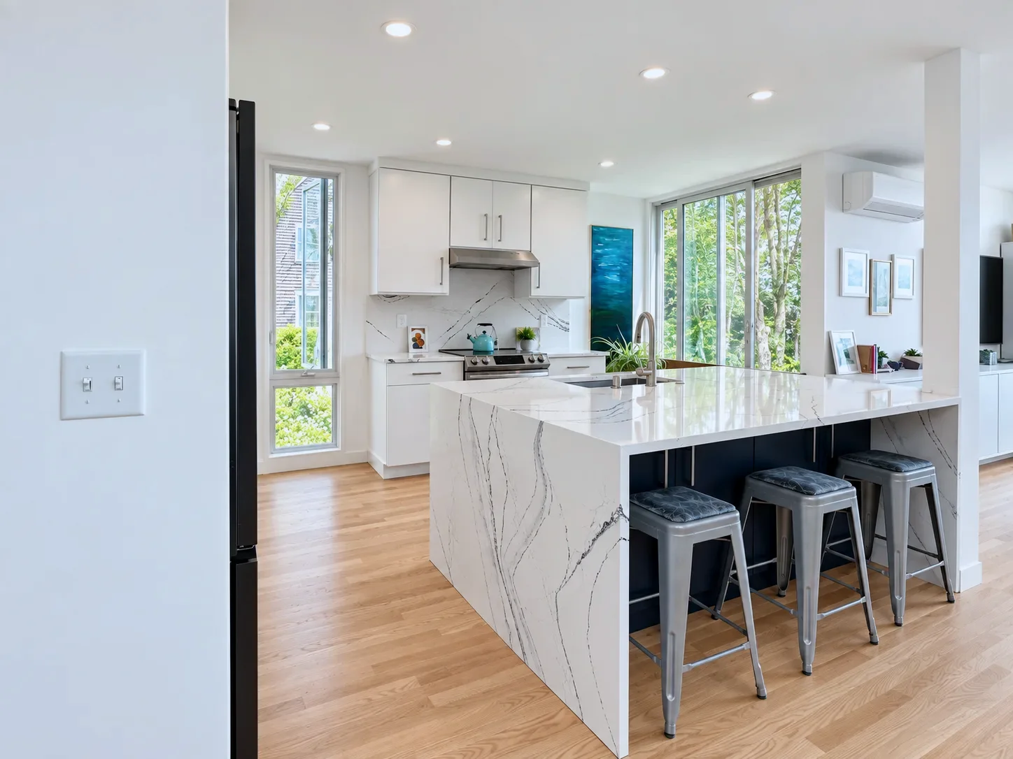 Truro kitchen with Alabaster perimeter cabinetry and custom blue island