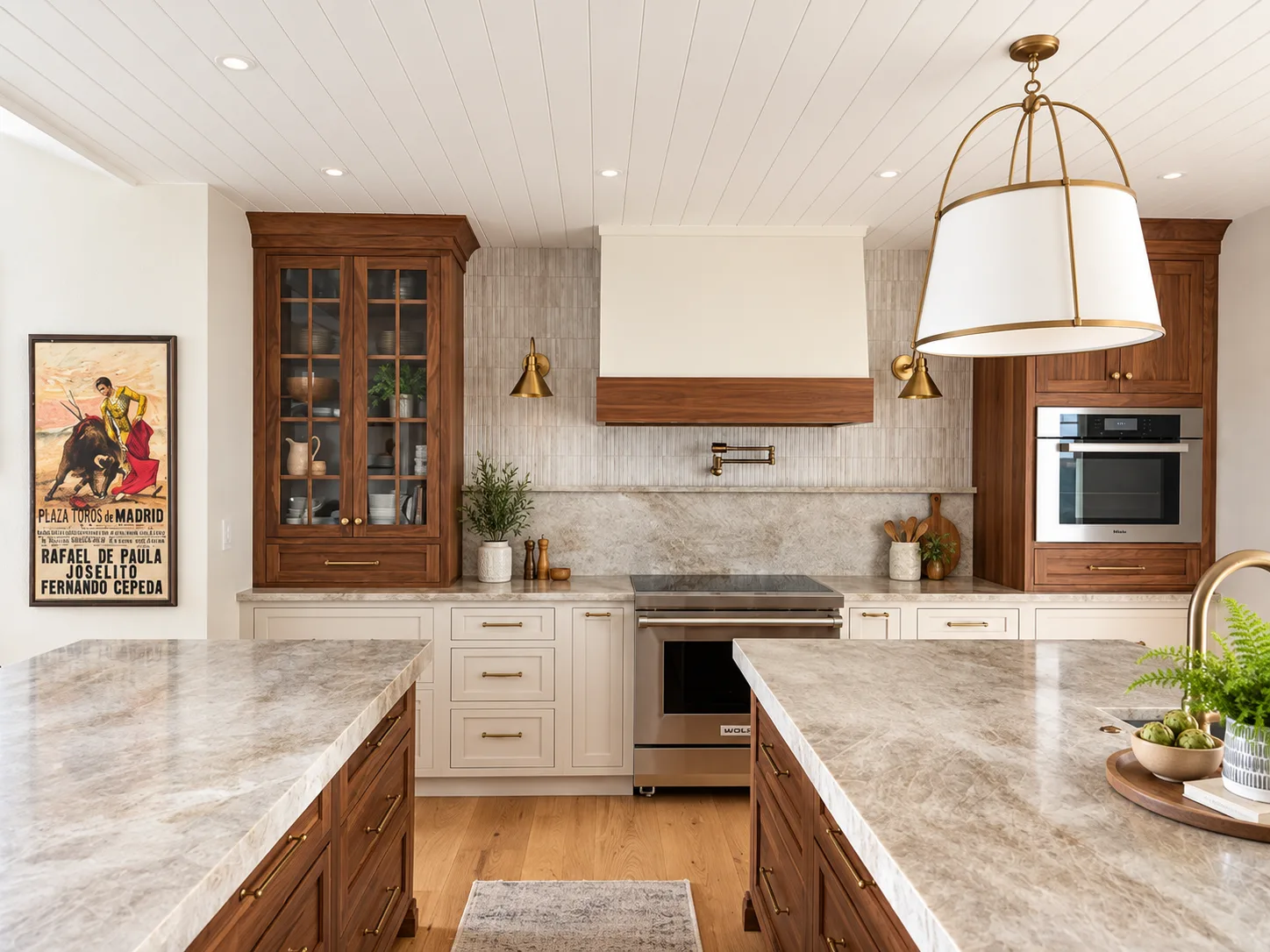 Range wall with walnut hood band and glass hutch, Bonita flush inset
