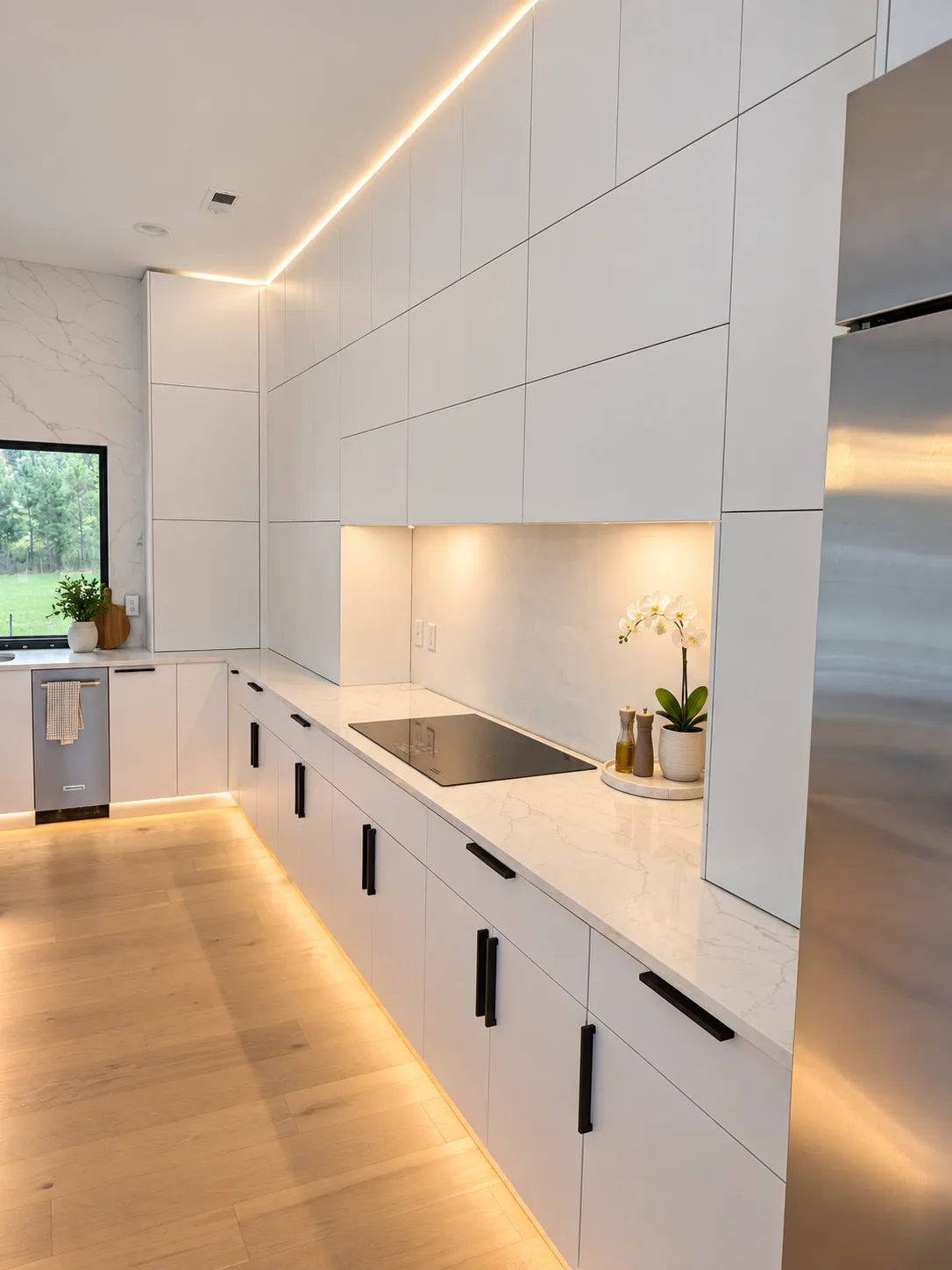 White slab kitchen run with cooktop and integrated lighting