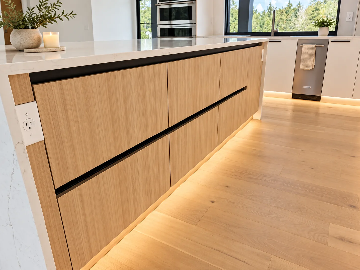 Woodline 4 island with Gola handle-free doors and shadow reveal