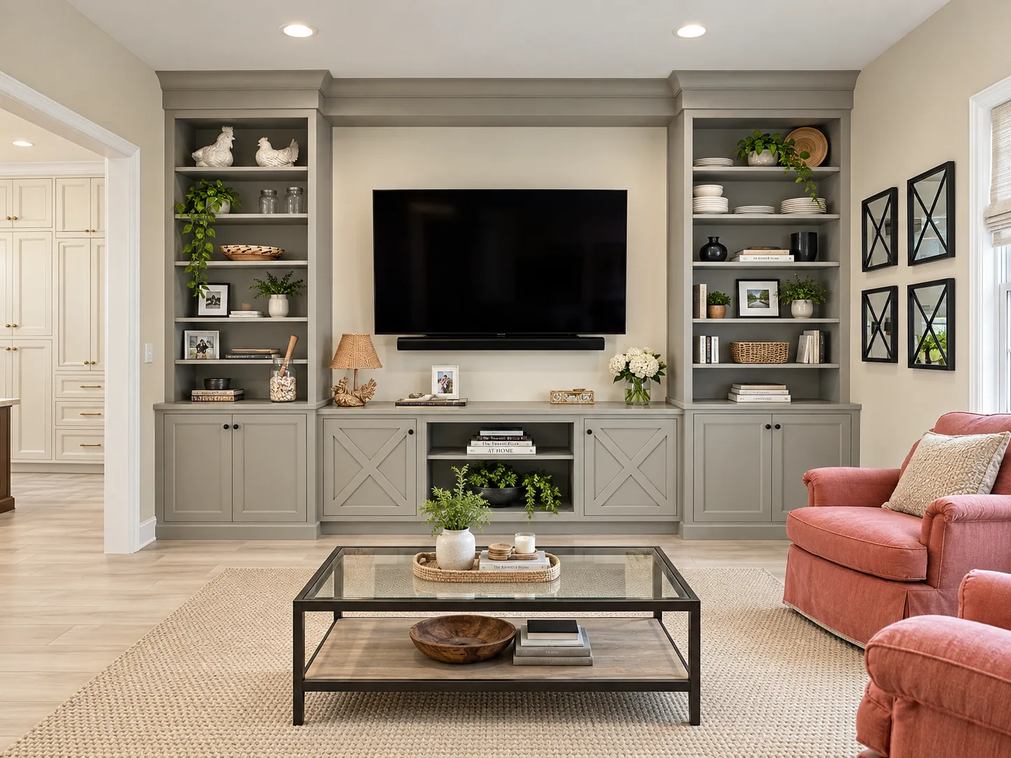 Family room built-ins with Xenon doors in Castlerock