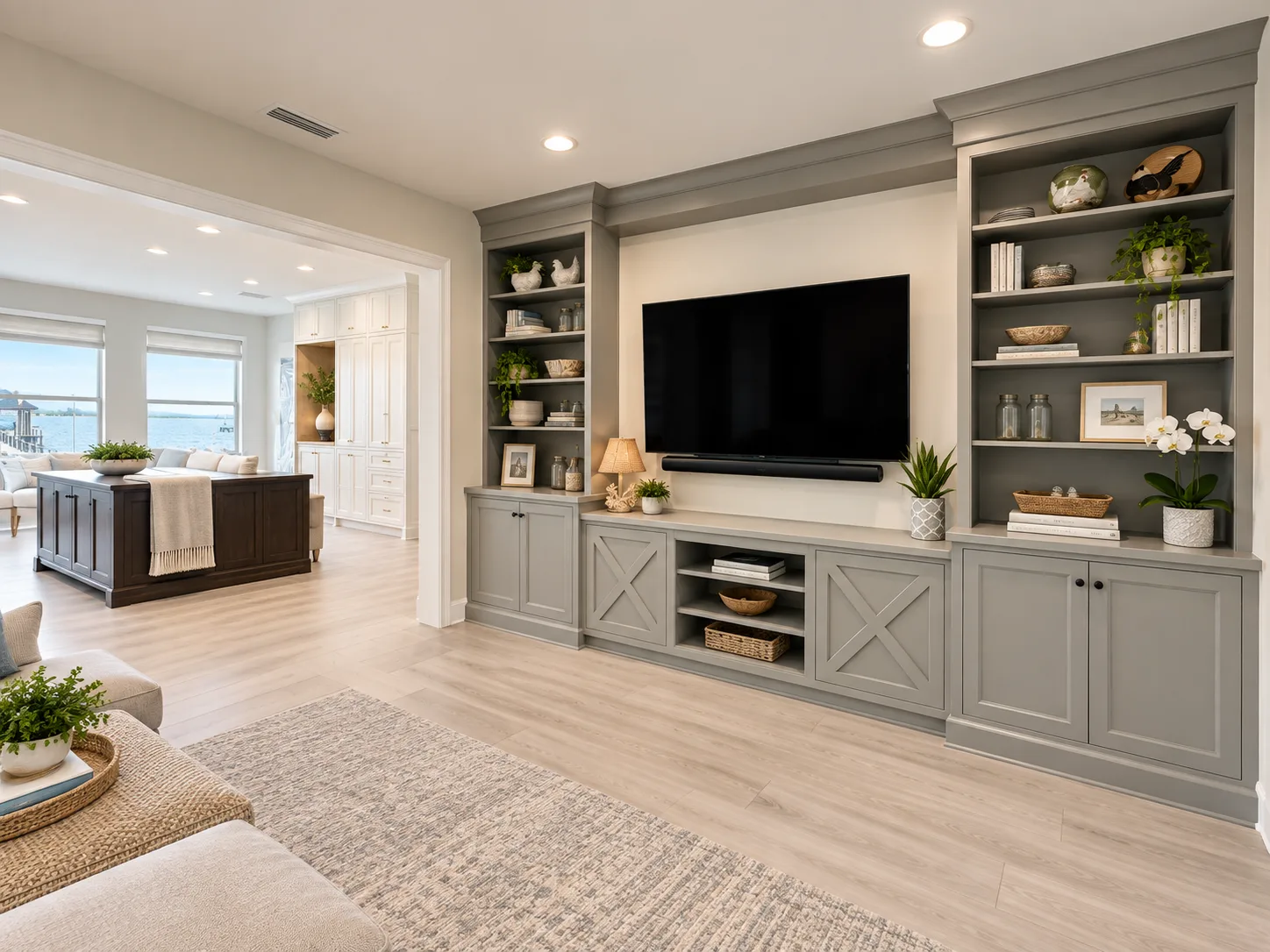 Family room built-ins open to the water view