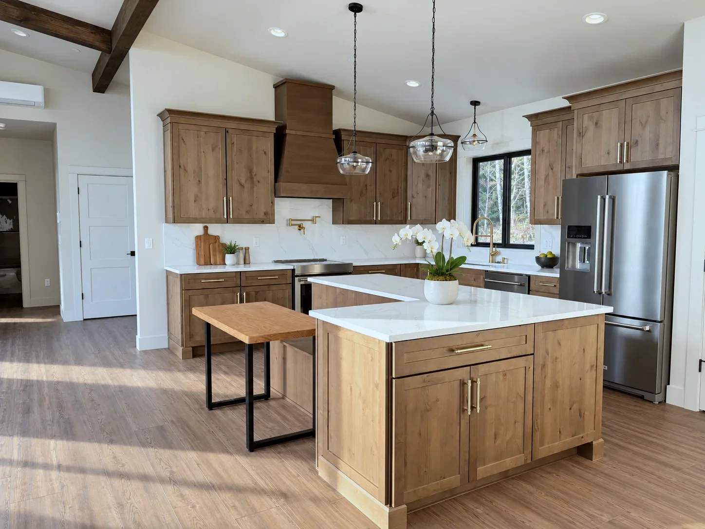 Everett WA custom home kitchen in Prairie stained rustic alder with quartz island